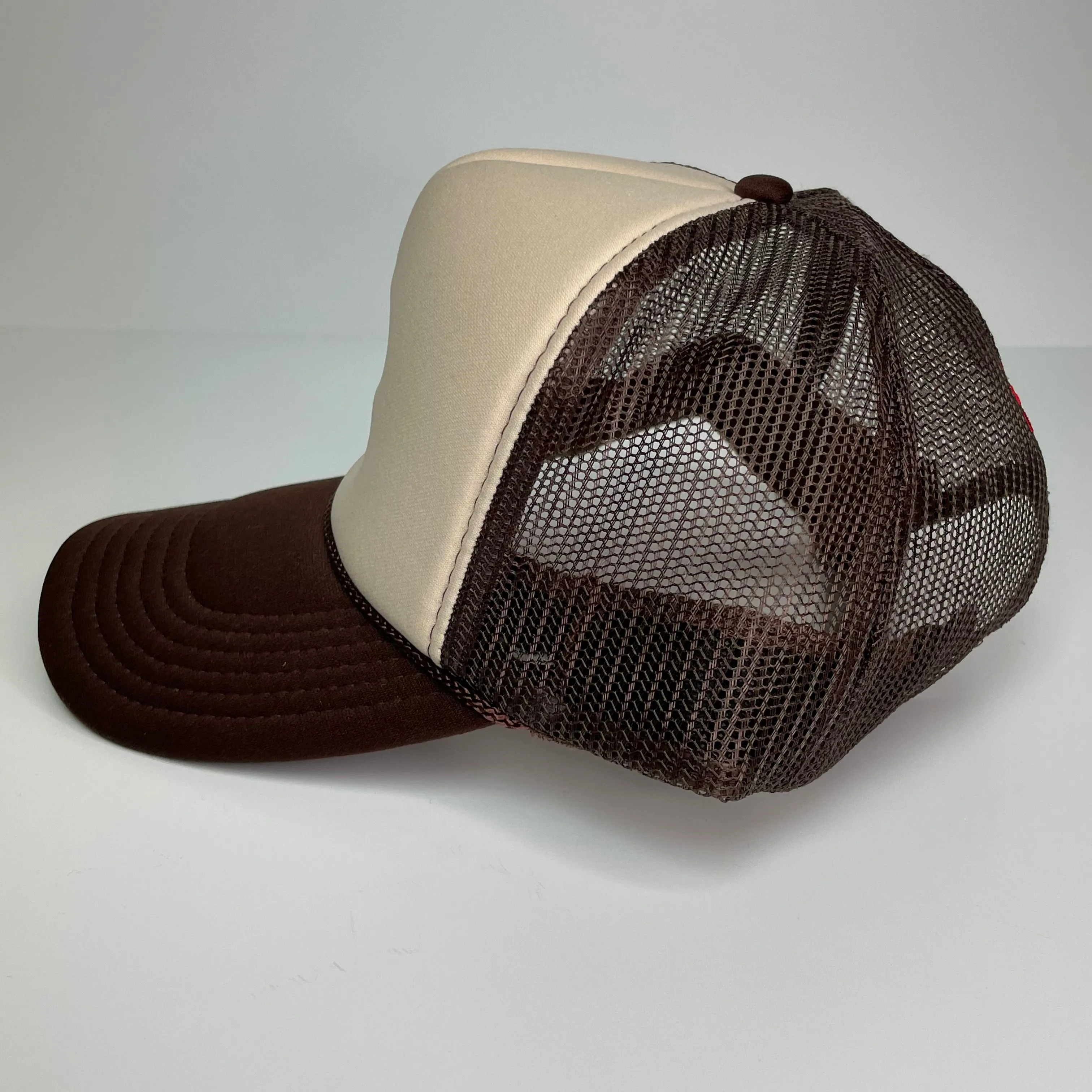 Moonshine XXX custom embroidered tan and brown trucker snapback cap