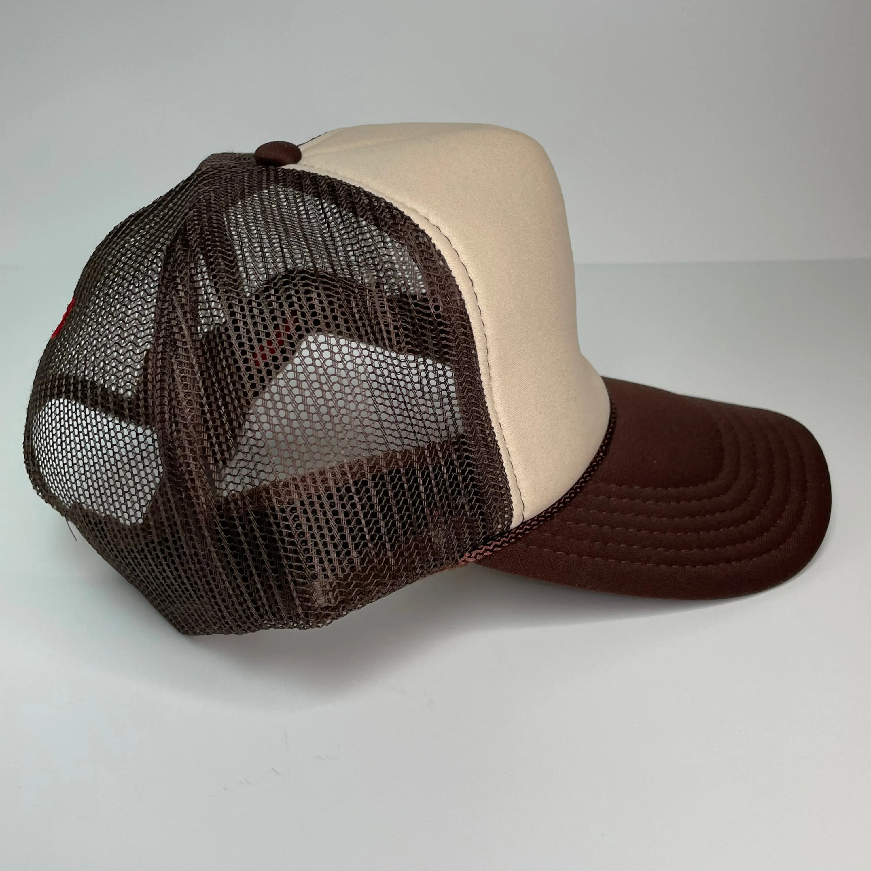 Moonshine XXX custom embroidered tan and brown trucker snapback cap