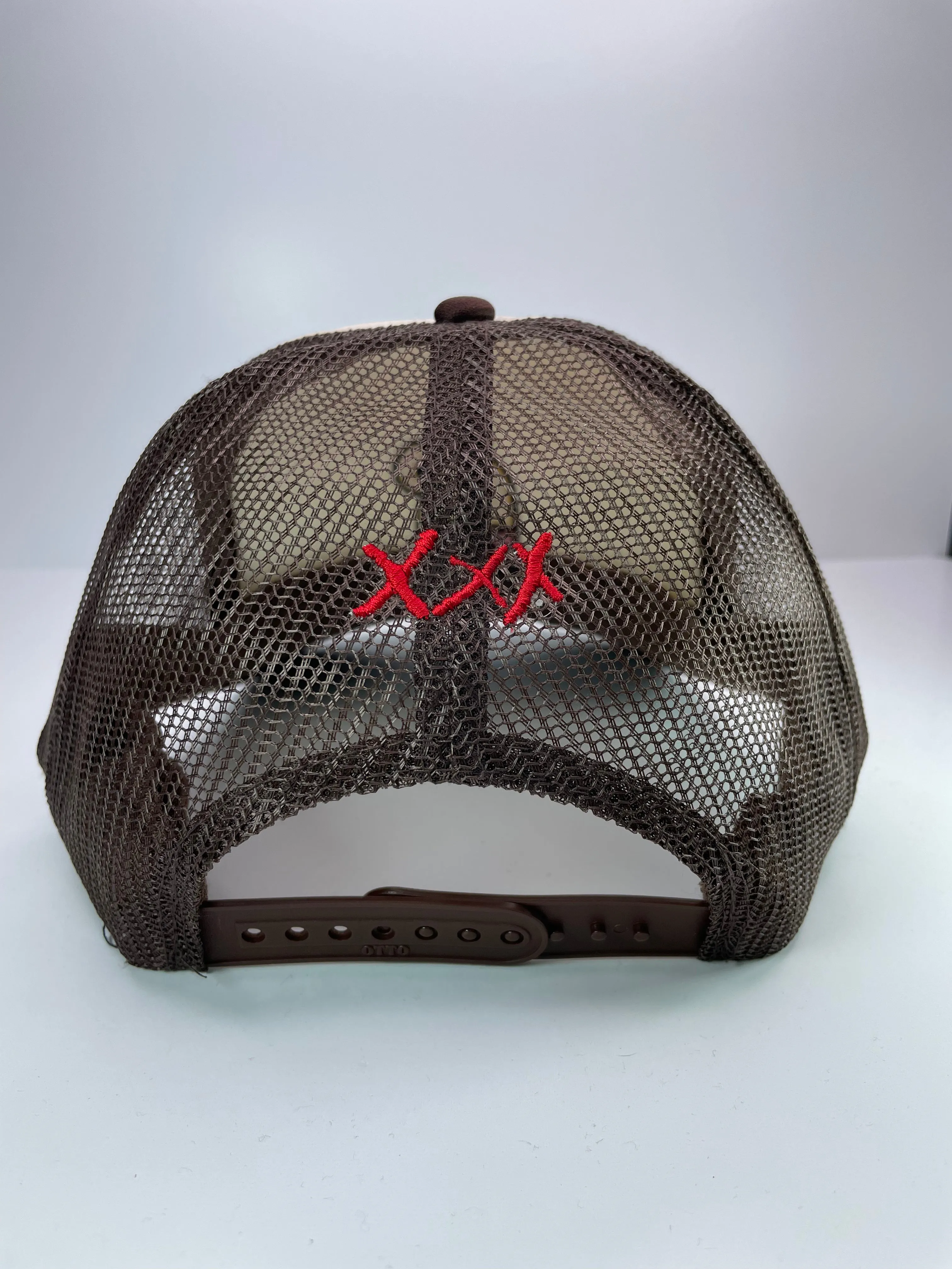 Moonshine XXX custom embroidered tan and brown trucker snapback cap