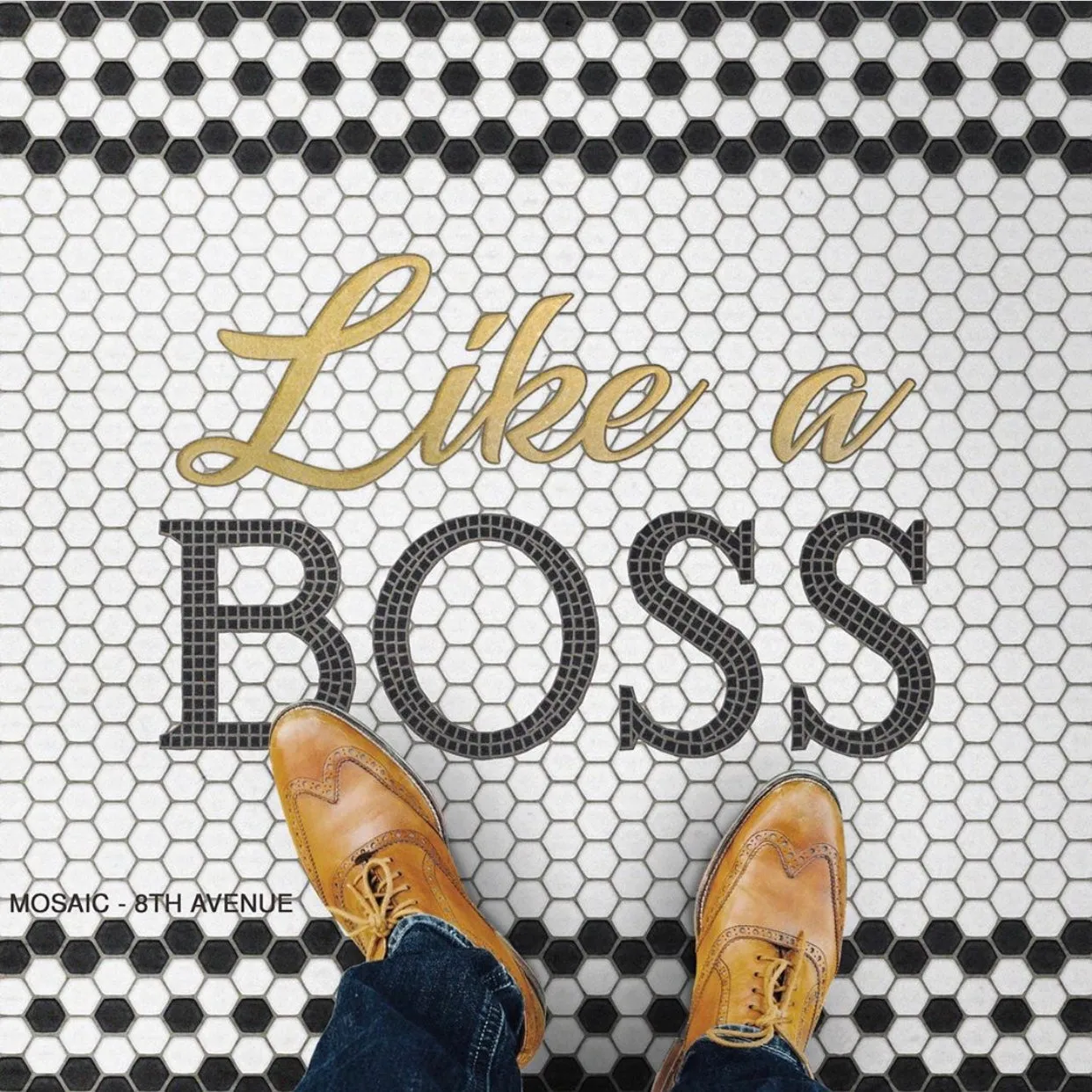 Mosaic "8th Avenue with Gold Script" Customized Vinyl Mat - Spicher & Co.
