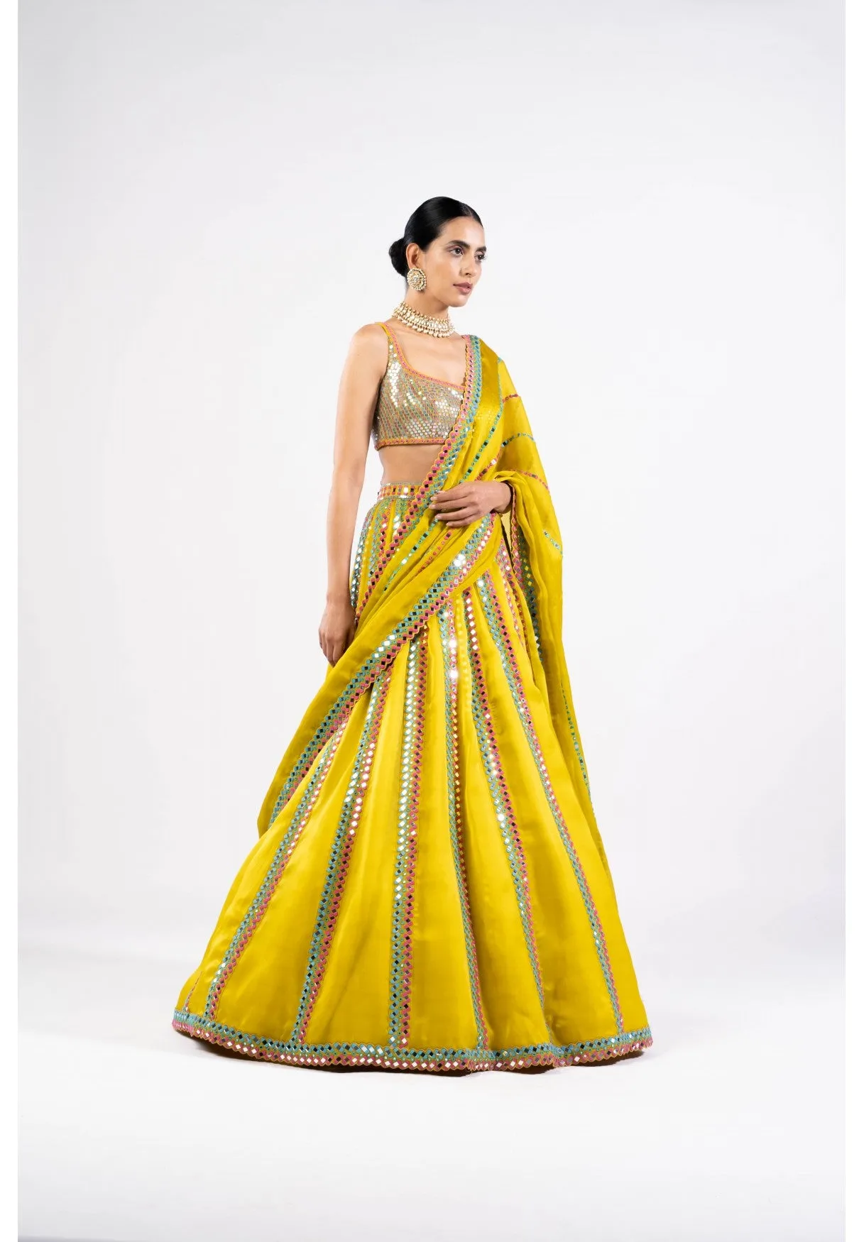 Moss Green Mirror Seam Lehenga Set With Metallic Blouse