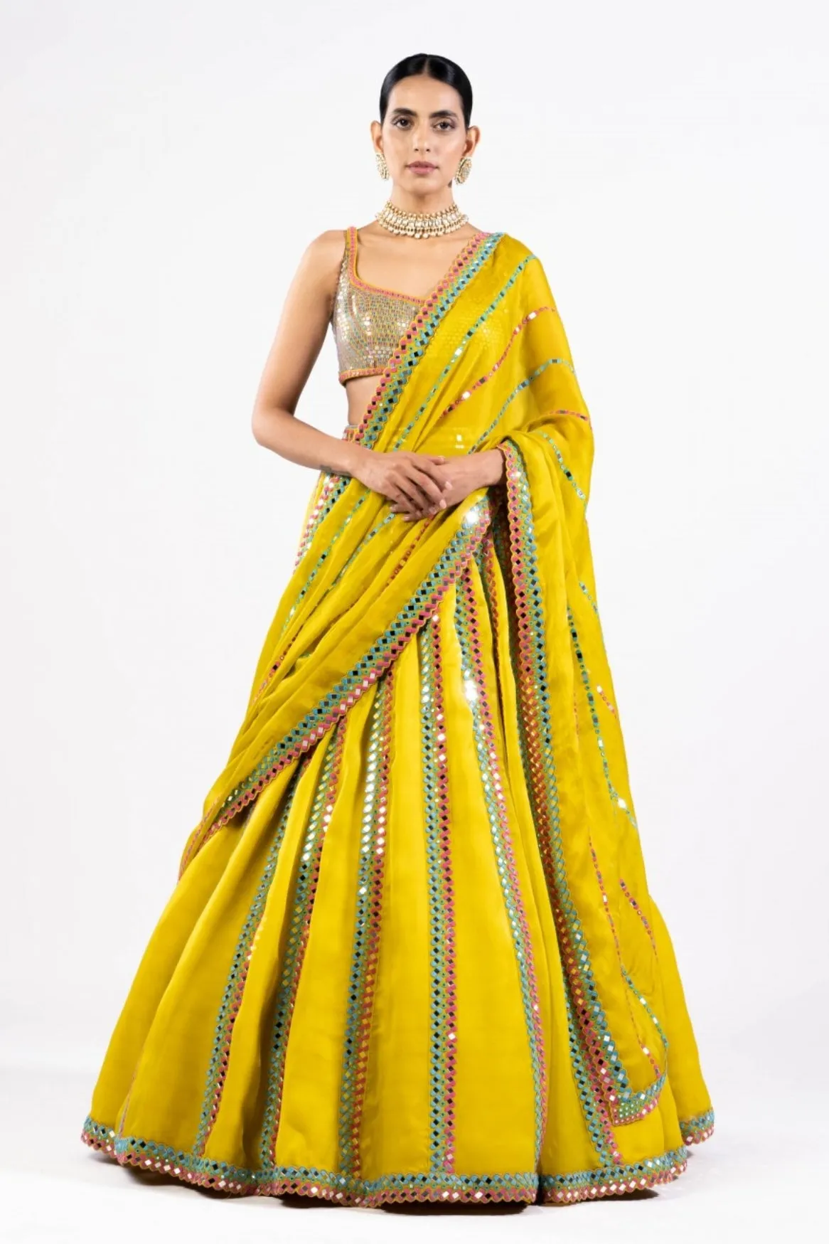 Moss Green Mirror Seam Lehenga Set With Metallic Blouse
