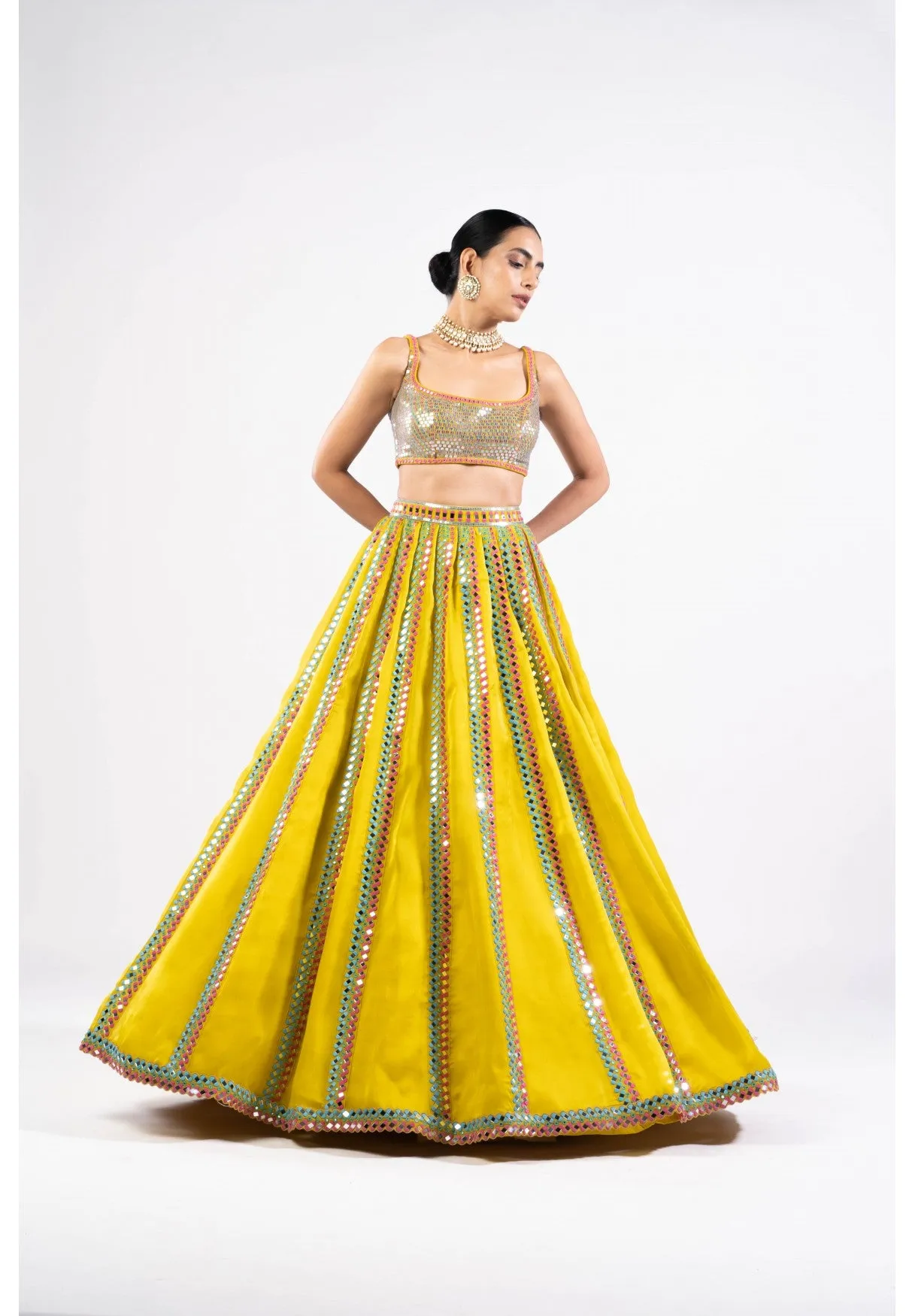 Moss Green Mirror Seam Lehenga Set With Metallic Blouse
