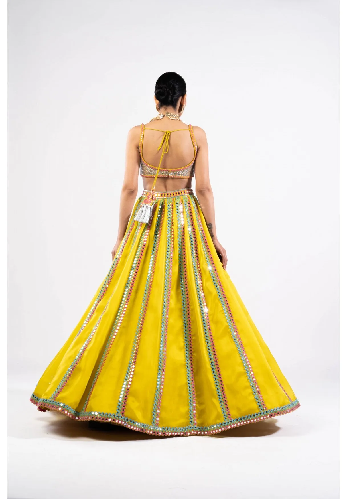 Moss Green Mirror Seam Lehenga Set With Metallic Blouse