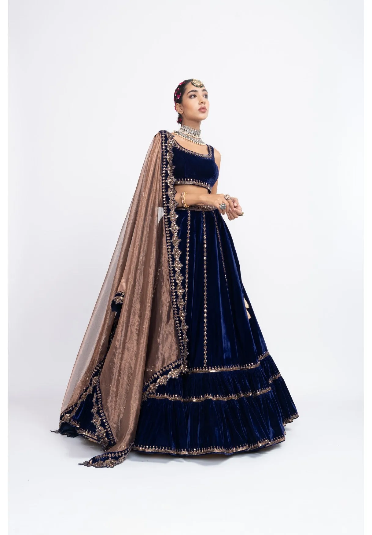 Navy Blue Double Tier Lehenga Set