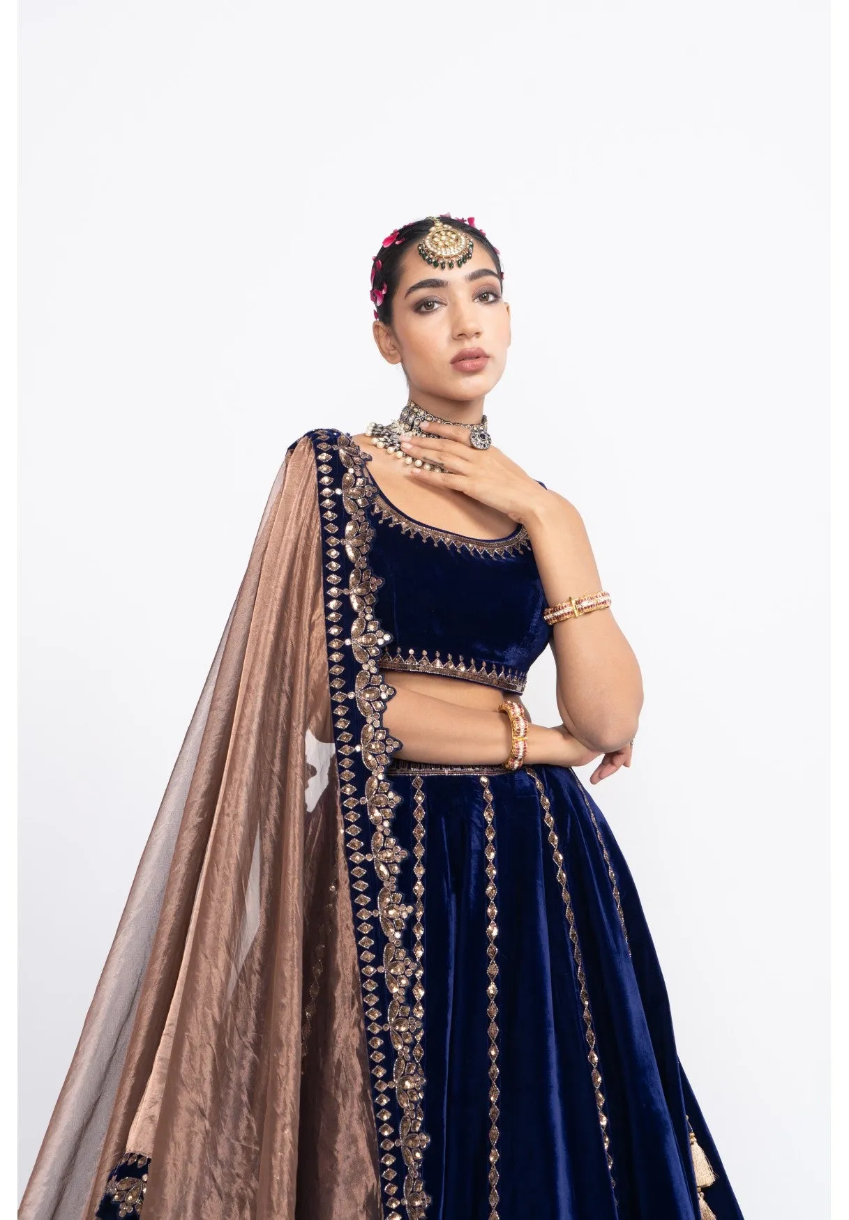Navy Blue Double Tier Lehenga Set