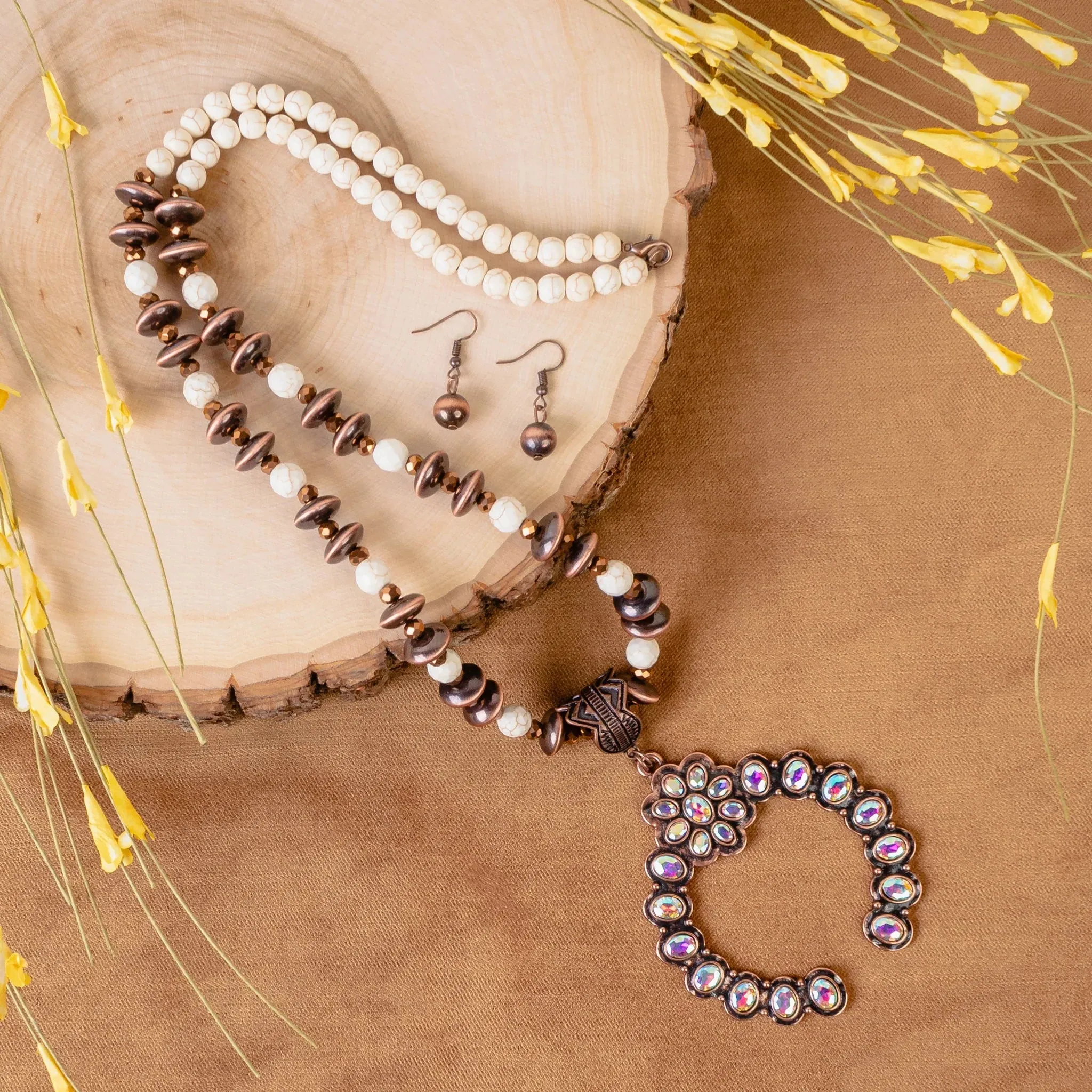 OFF..Single Strand Cream & Copper Navajo Pearl Beaded Necklace with bling squash pendant