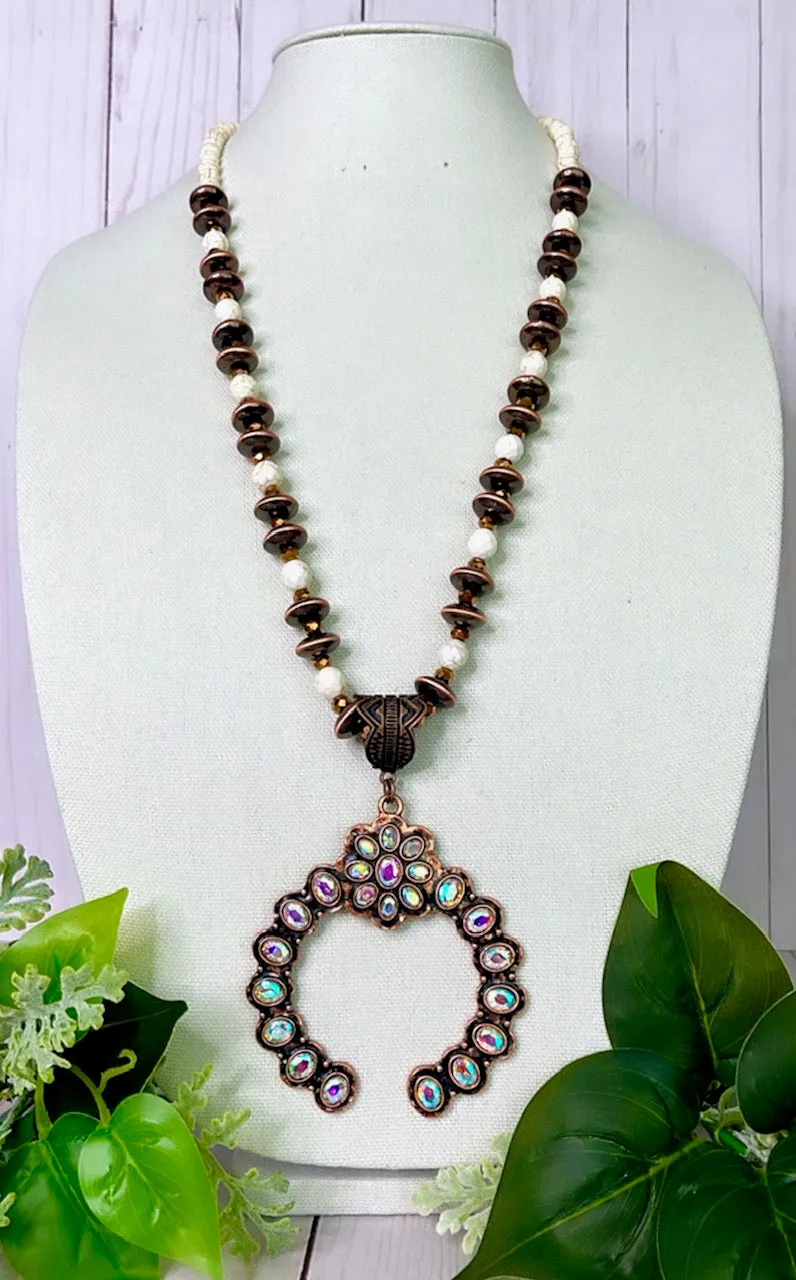 OFF..Single Strand Cream & Copper Navajo Pearl Beaded Necklace with bling squash pendant