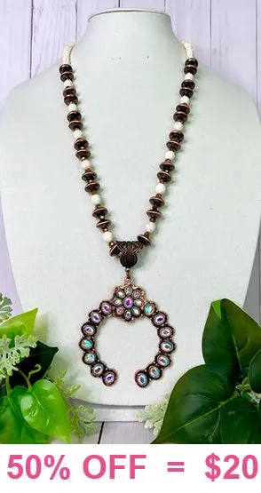 OFF..Single Strand Cream & Copper Navajo Pearl Beaded Necklace with bling squash pendant