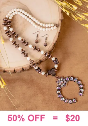 OFF..Single Strand Cream & Copper Navajo Pearl Beaded Necklace with bling squash pendant