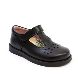 Petasil Clara - Black Leather T-Bar School Shoe
