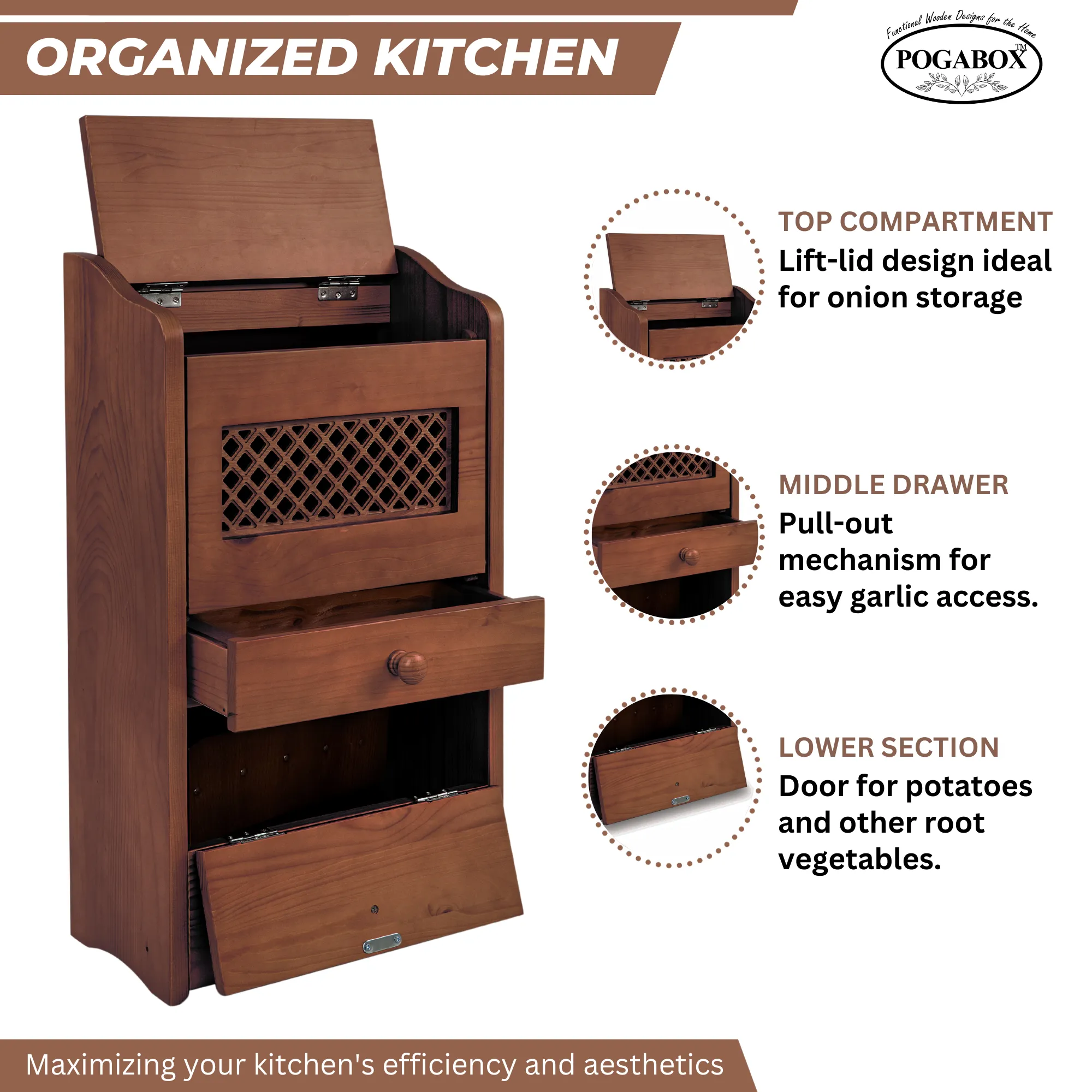 POGABOX™ Classic Potato, Onion, Garlic, Vegetable Storage Bin for Kitchen Organization| Mountable on Wall Floor or Pantry - COZY CINNAMON