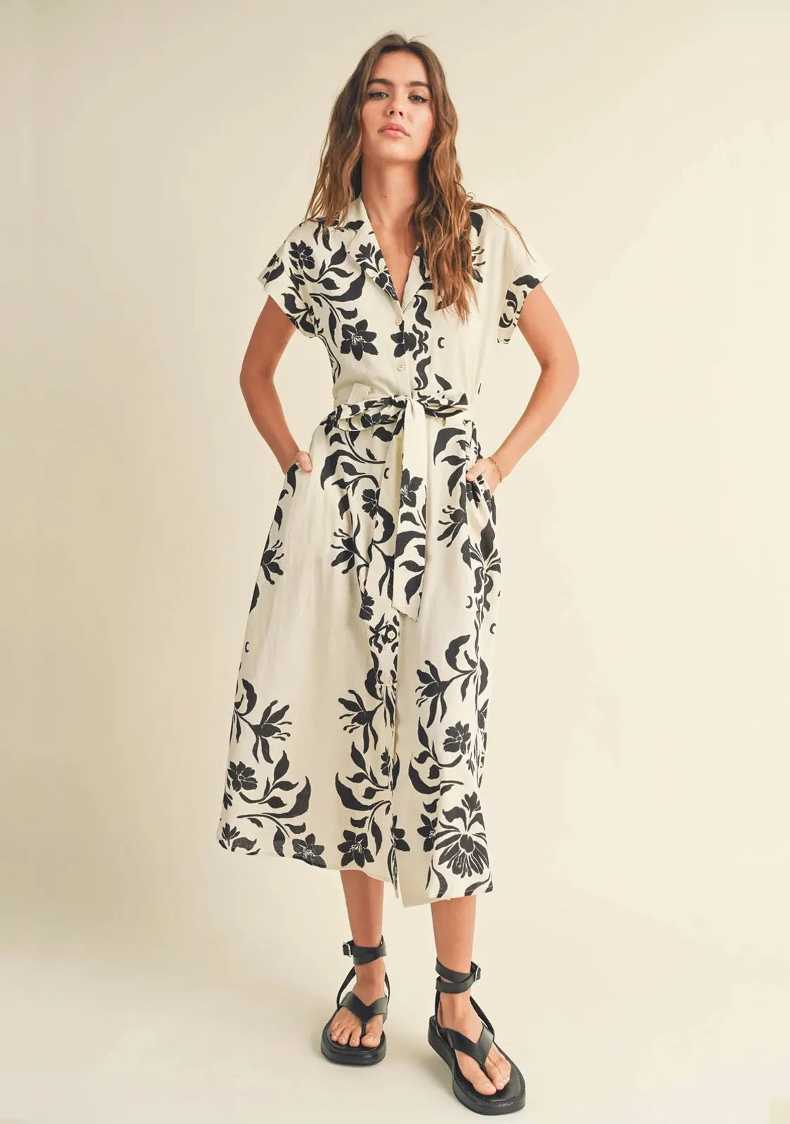 Print Button Down Flare Dress