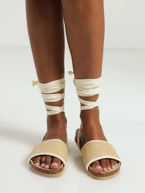Raffia Cork Slide With Tassel Lace Up - Natural