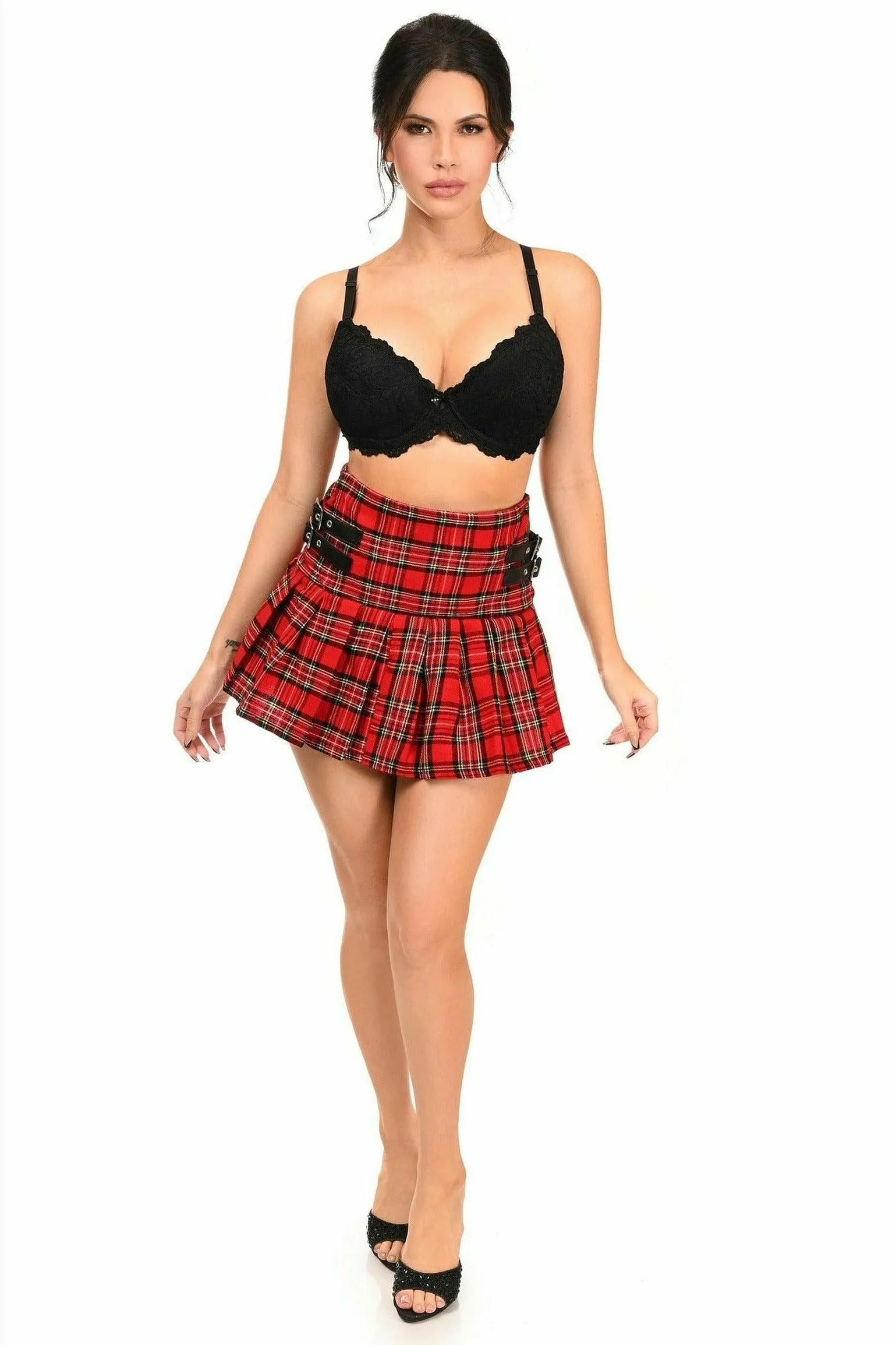 Red Plaid Pleated Skirt w/Buckles