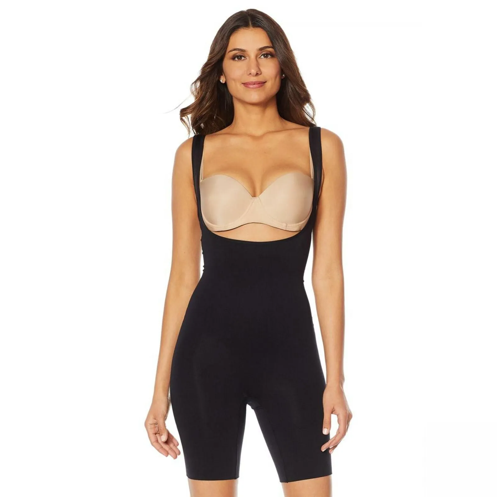 Rhonda Shear Women's Plus Size Wear Your Own Bra Mid Thigh Bodysuit Black 1X
