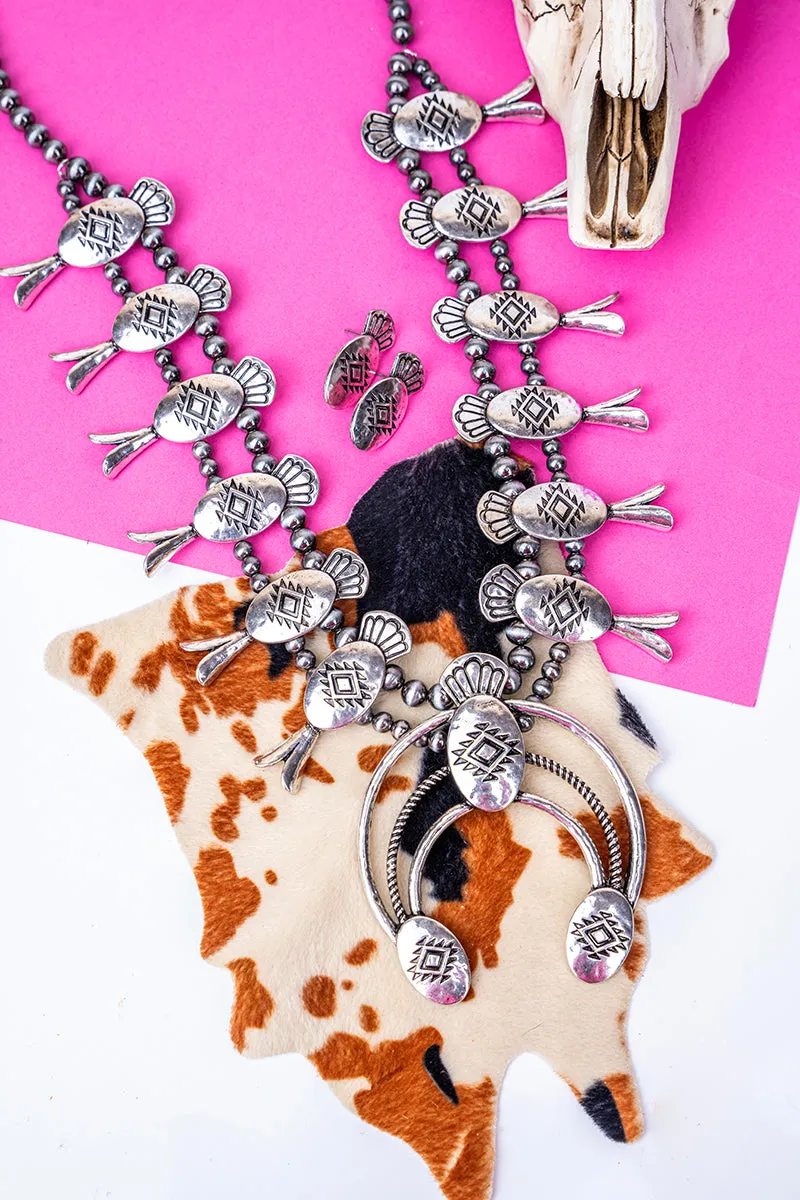 Rodeo Royalty Silver Pearl Squash Blossom Necklace and Earring Set