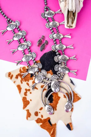 Rodeo Royalty Silver Pearl Squash Blossom Necklace and Earring Set