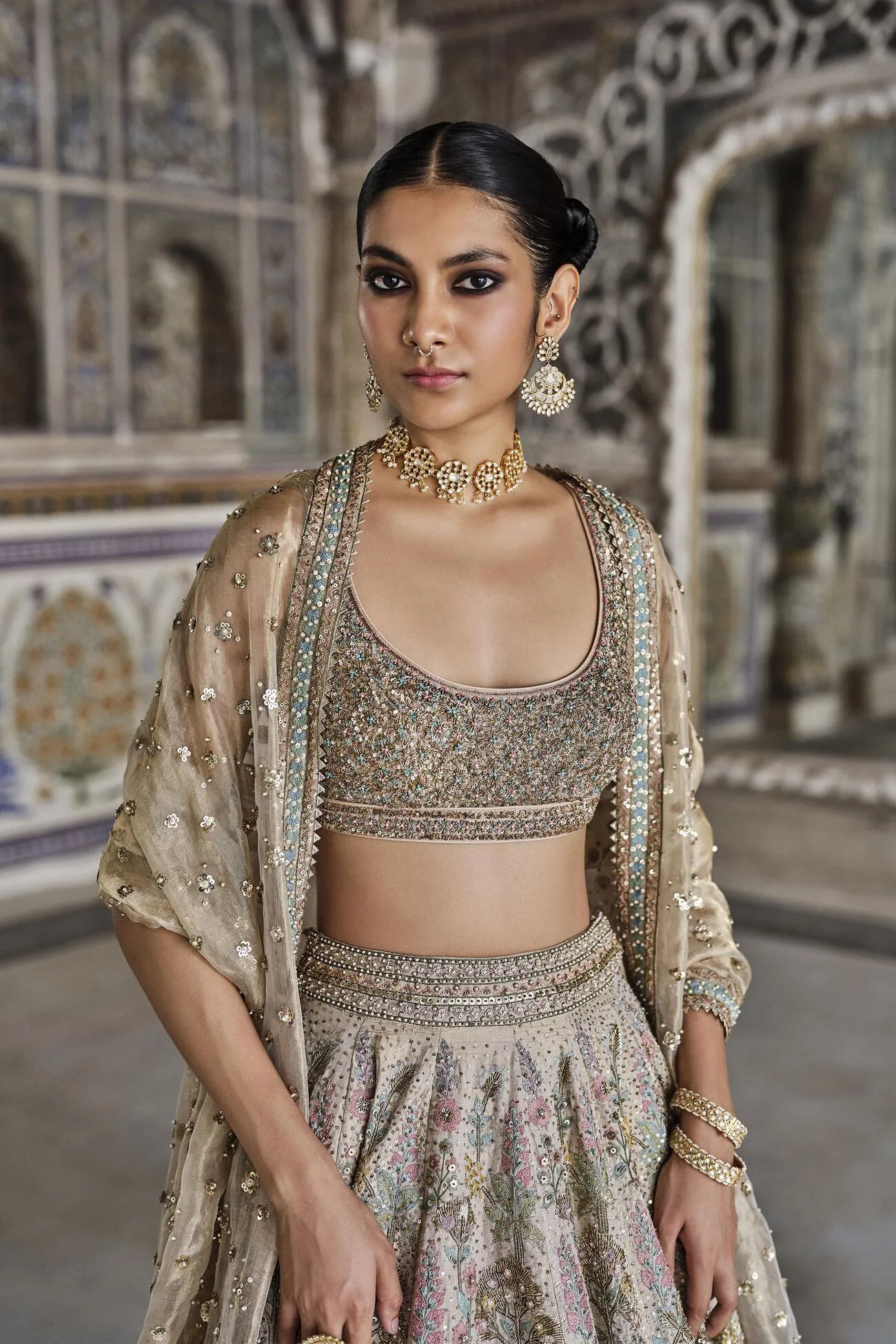 Suramya Embroidered Zardozi Silk Lehenga Set - Gold