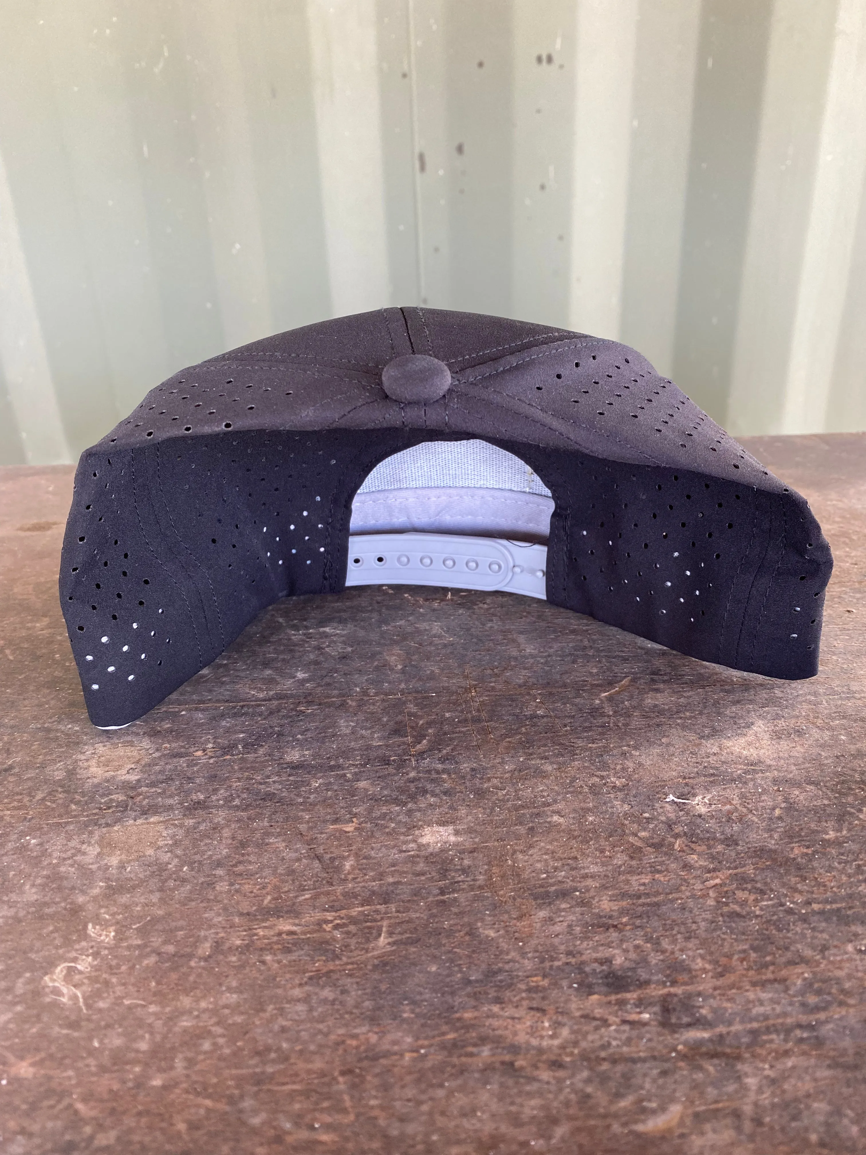 The Leather Head Hat Co leather patch hat 7 panel black hydro mesh waterproof snapback hat cap