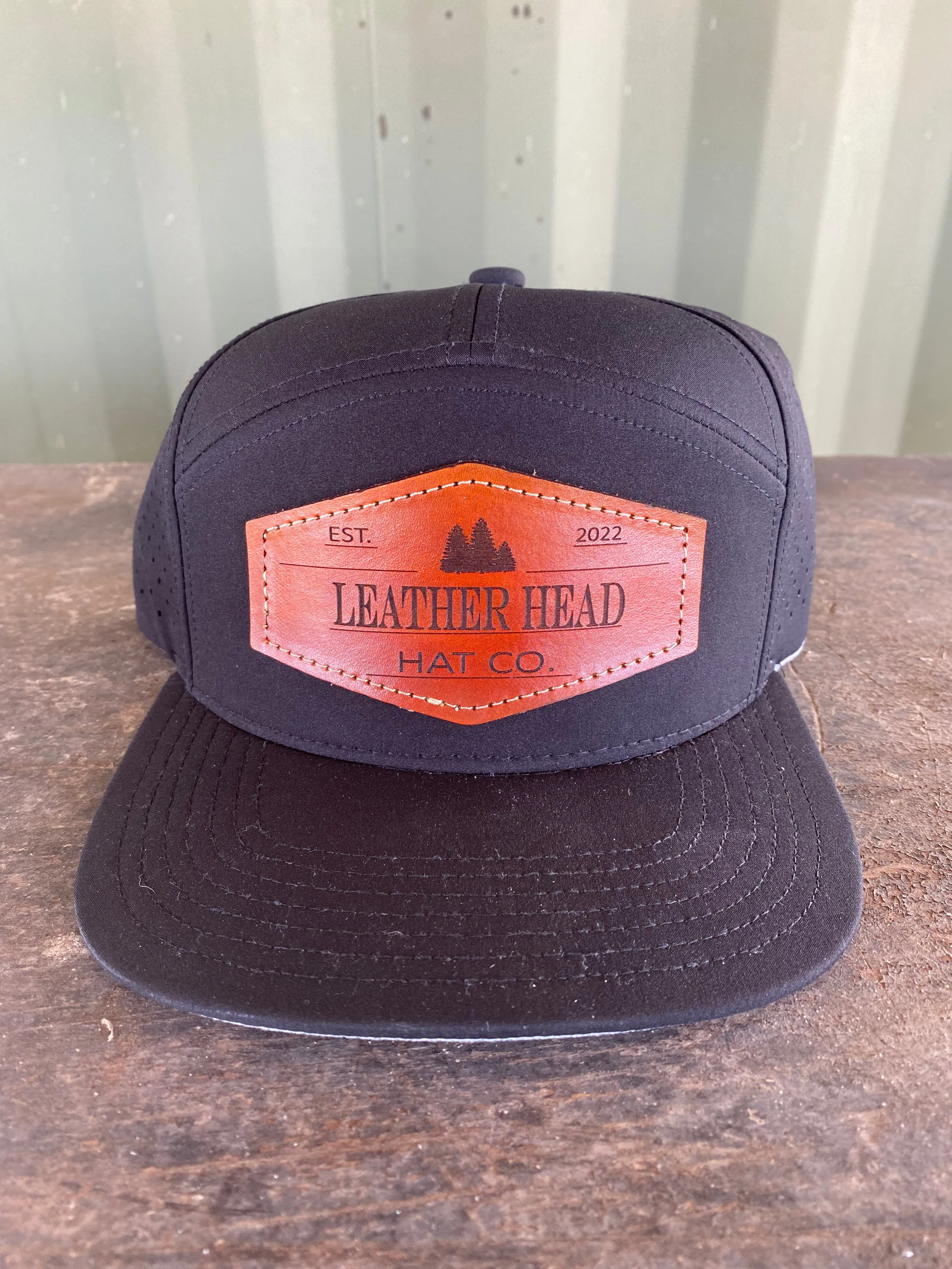The Leather Head Hat Co leather patch hat 7 panel black hydro mesh waterproof snapback hat cap