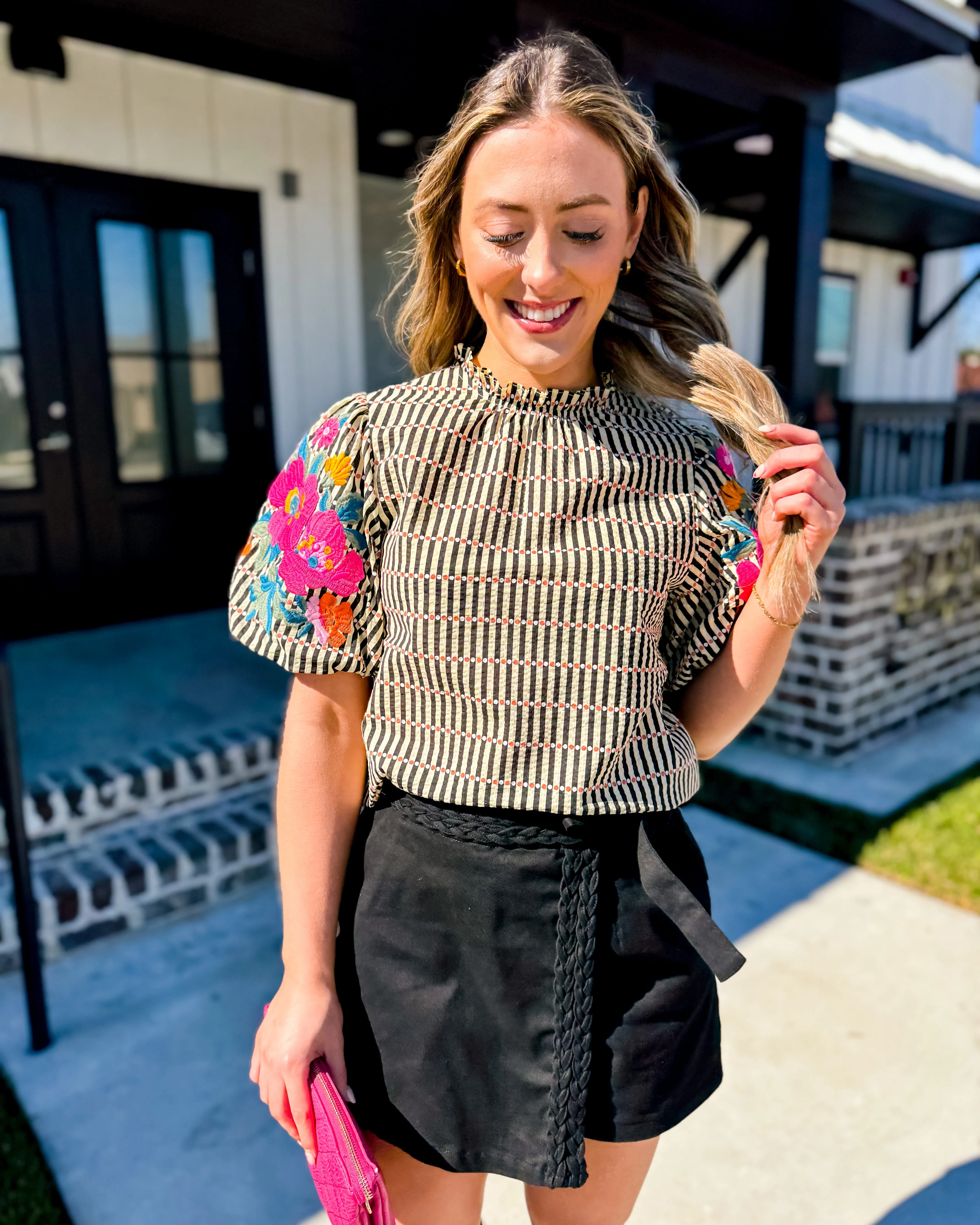 THML | Embroidered Puff Sleeve Striped Top