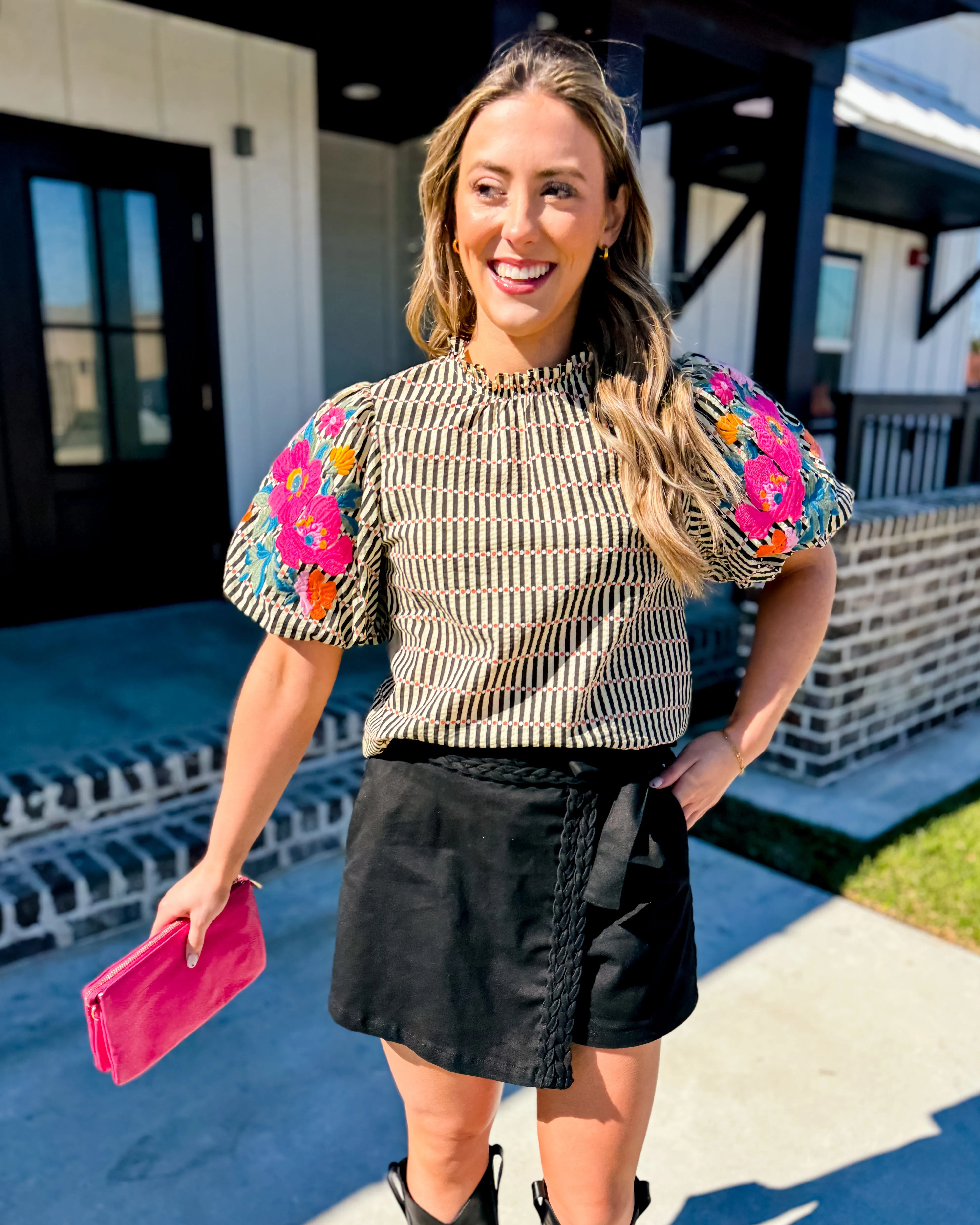 THML | Embroidered Puff Sleeve Striped Top