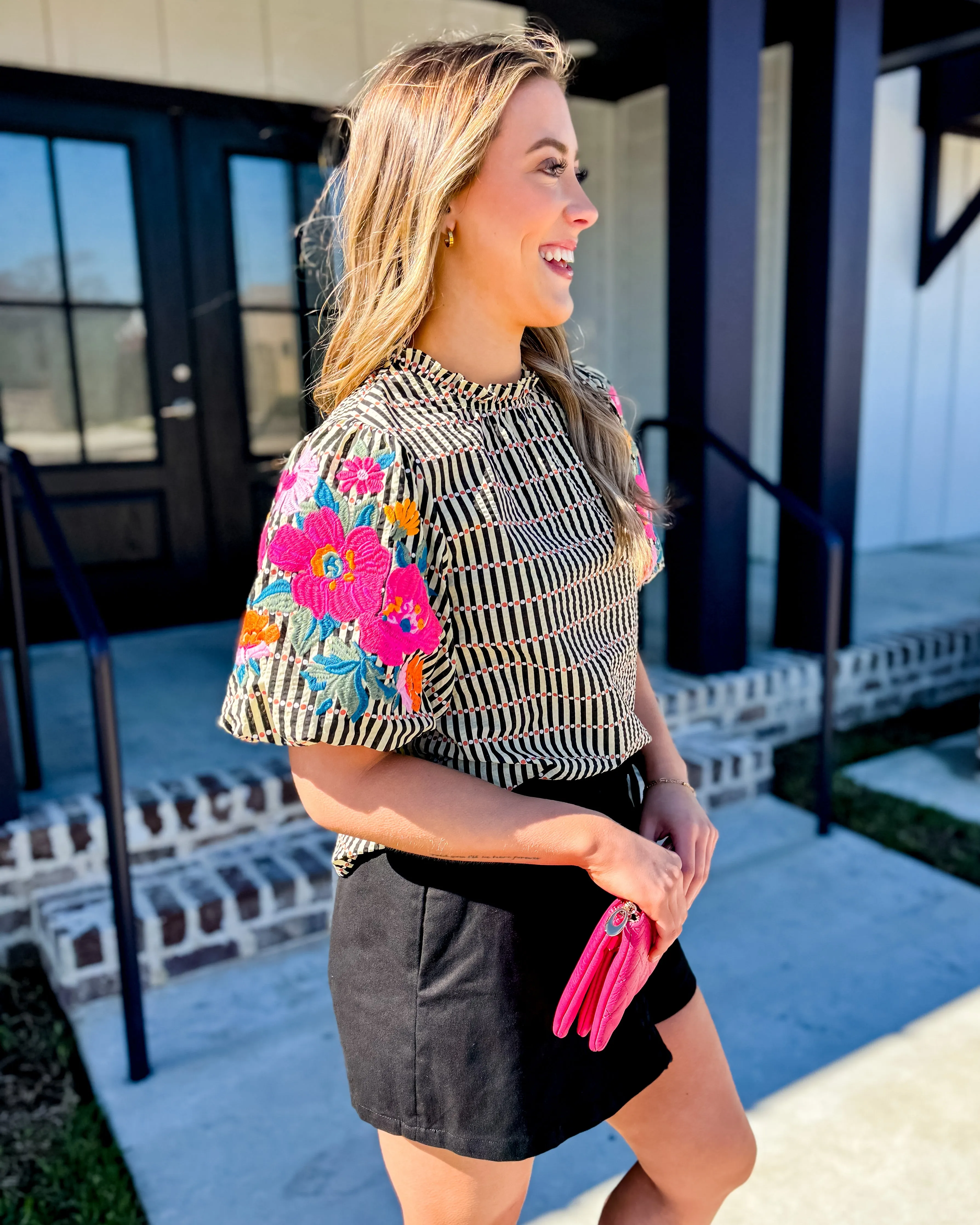 THML | Embroidered Puff Sleeve Striped Top