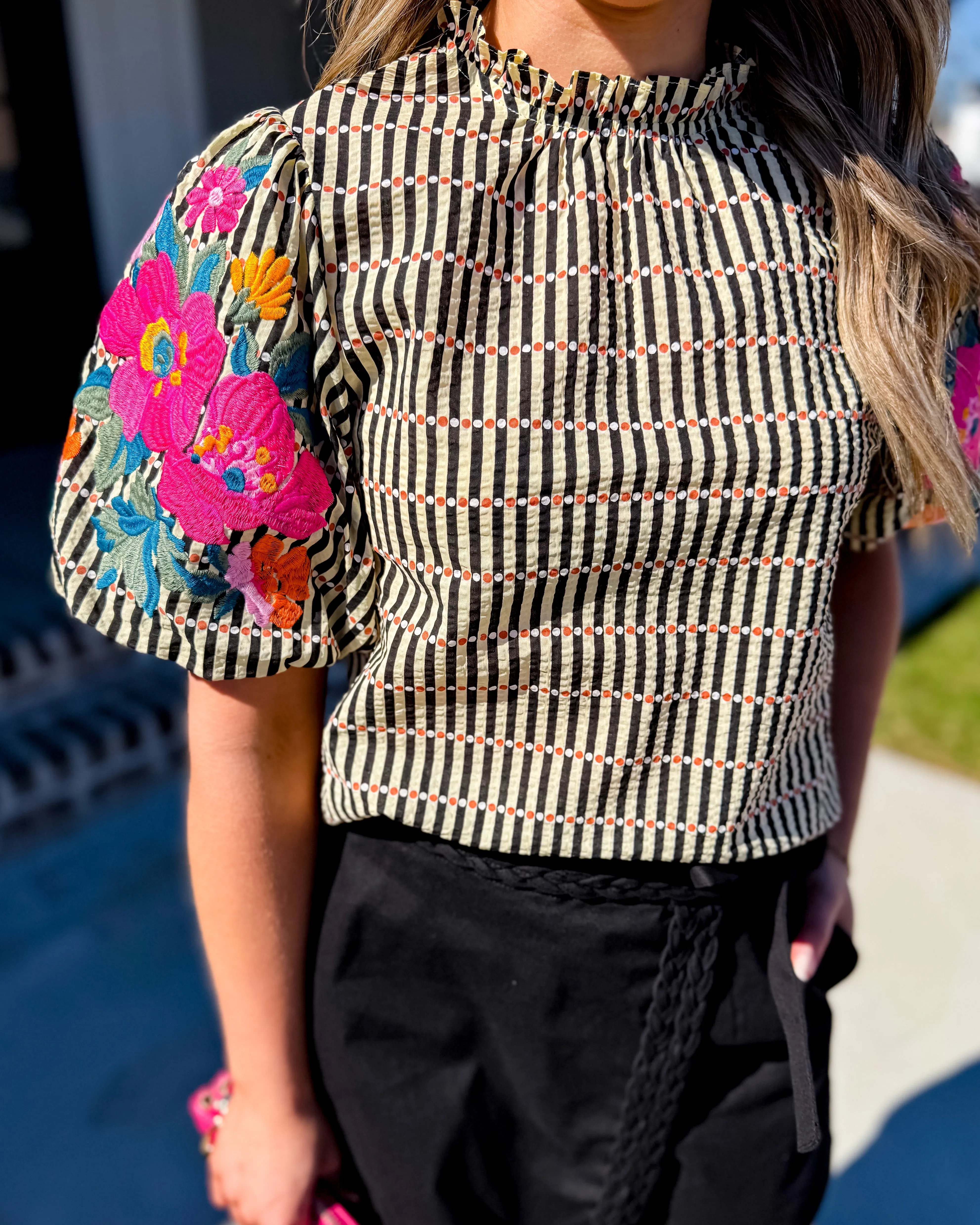 THML | Embroidered Puff Sleeve Striped Top
