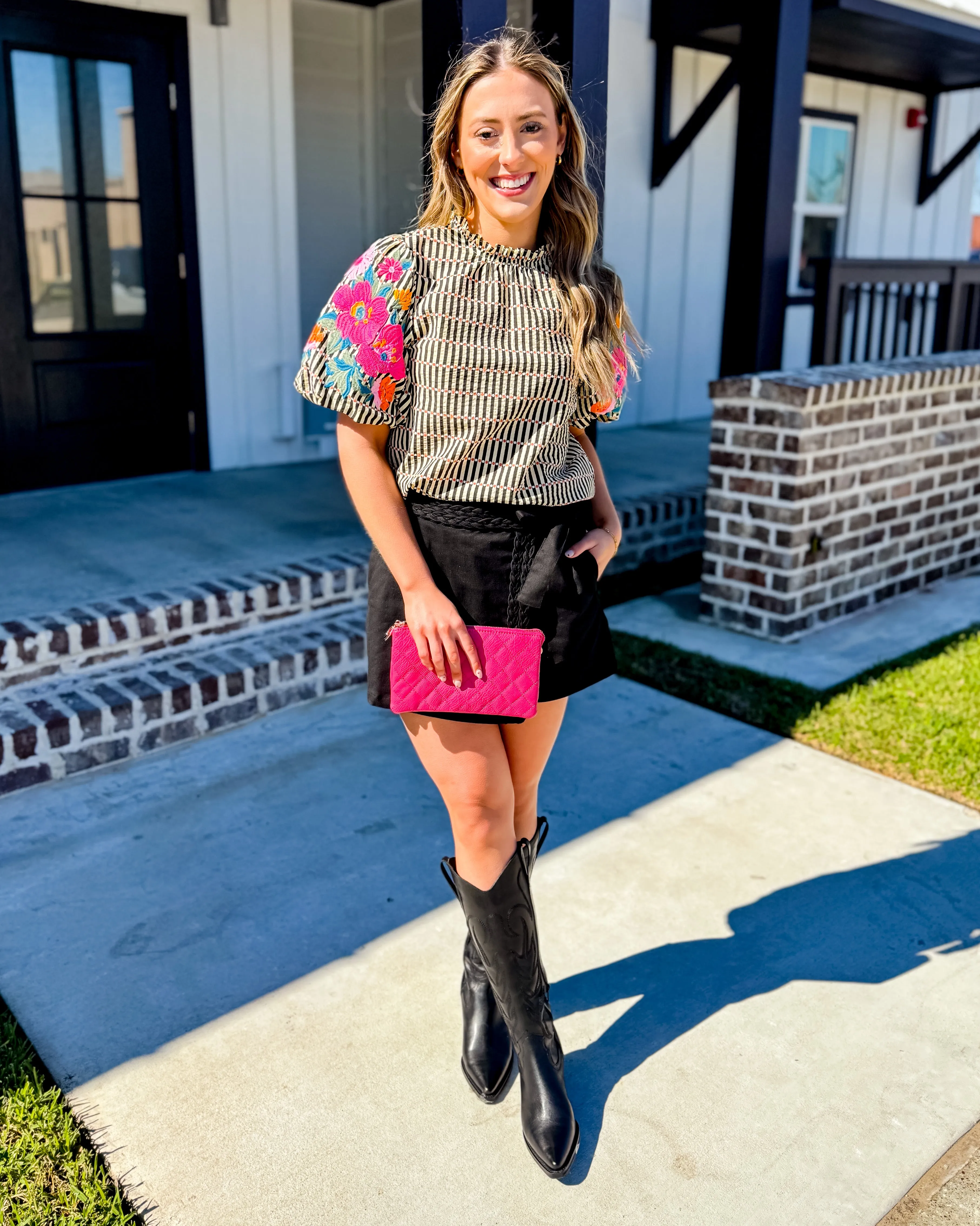 THML | Embroidered Puff Sleeve Striped Top