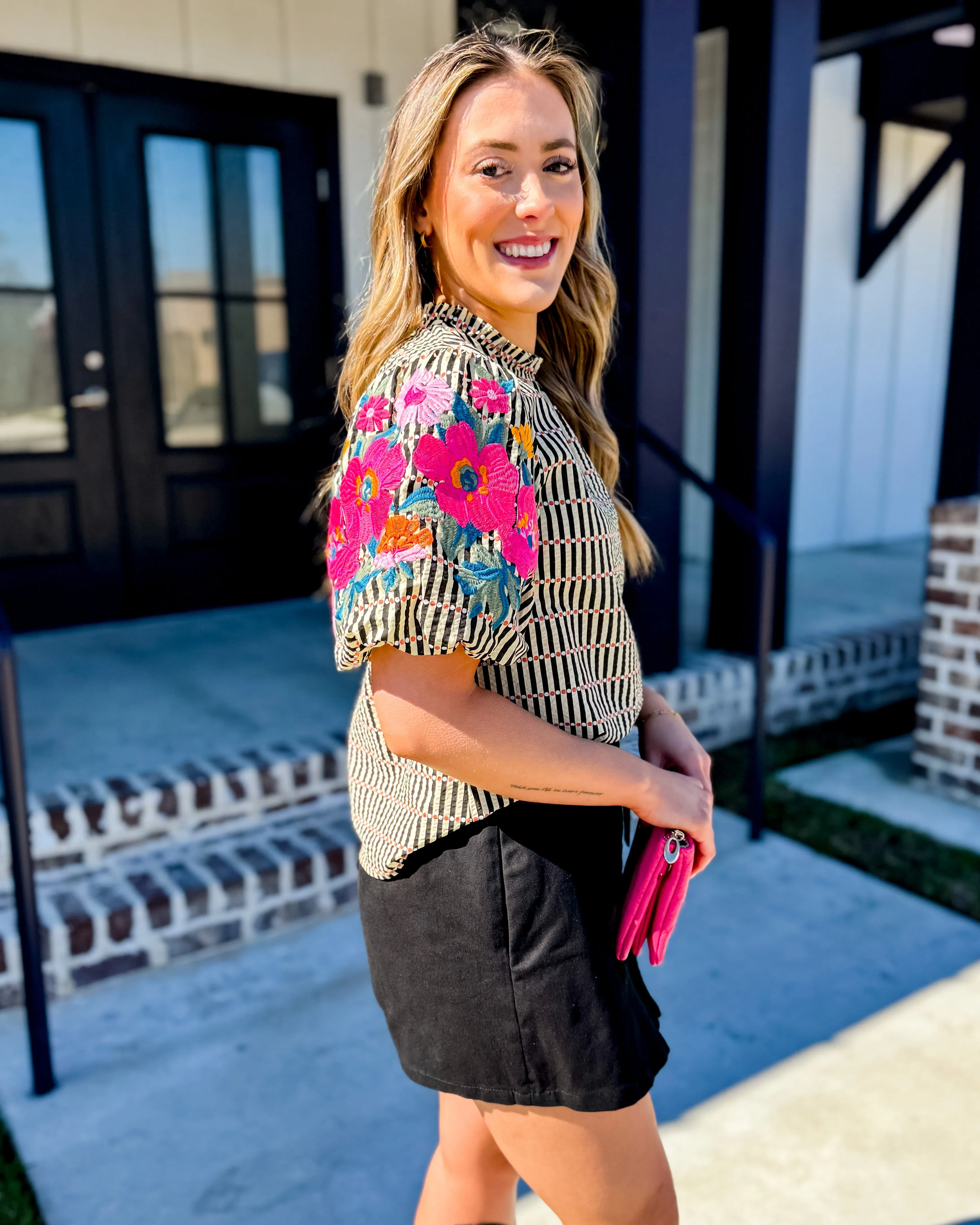 THML | Embroidered Puff Sleeve Striped Top