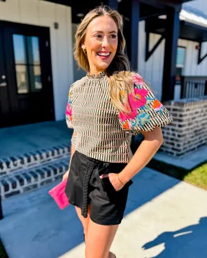 THML | Embroidered Puff Sleeve Striped Top