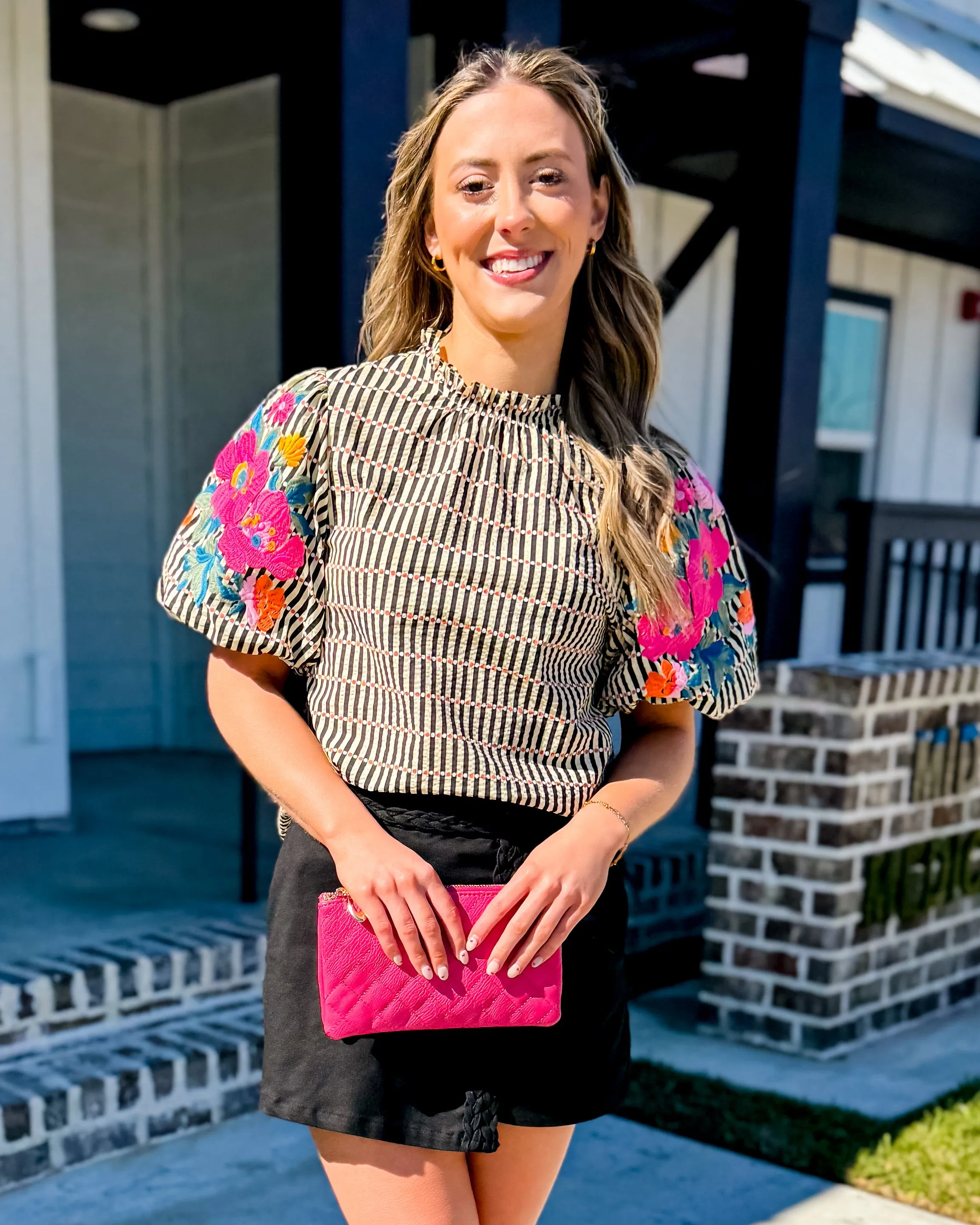 THML | Embroidered Puff Sleeve Striped Top