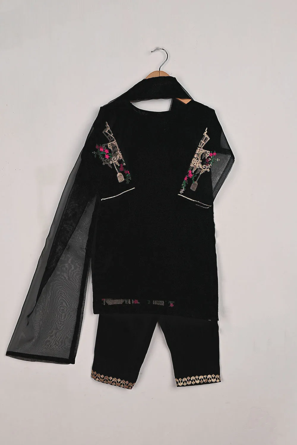 TKF-106-Black - Kids 3Pc Ready to Wear Organza Formal Embroidered Dress