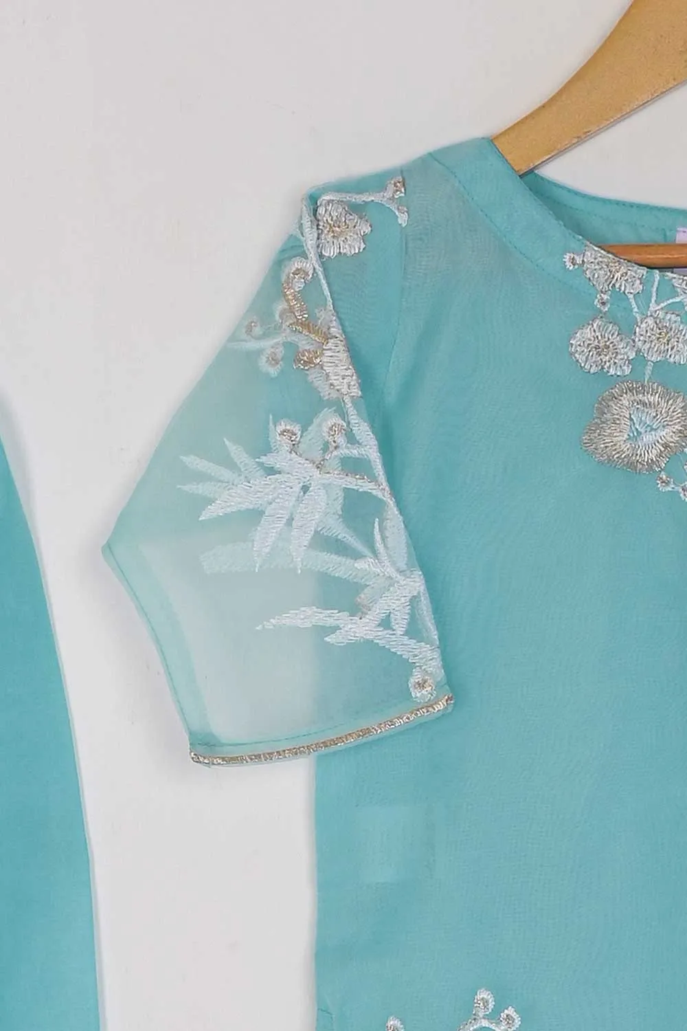 TKF-24A-SKY BLUE - Kids 3Pc Organza Formal Embroidered Dress With Malai Trouser