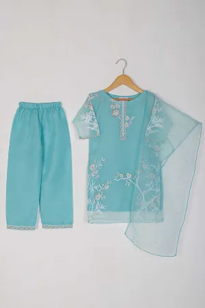 TKF-24A-SKY BLUE - Kids 3Pc Organza Formal Embroidered Dress With Malai Trouser