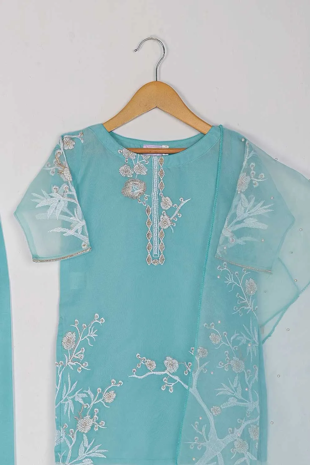 TKF-24A-SKY BLUE - Kids 3Pc Organza Formal Embroidered Dress With Malai Trouser