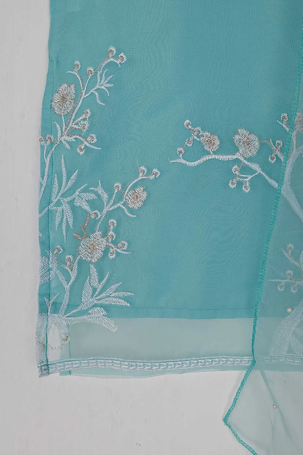 TKF-24A-SKY BLUE - Kids 3Pc Organza Formal Embroidered Dress With Malai Trouser