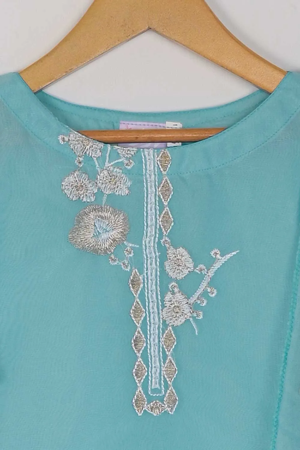 TKF-24A-SKY BLUE - Kids 3Pc Organza Formal Embroidered Dress With Malai Trouser