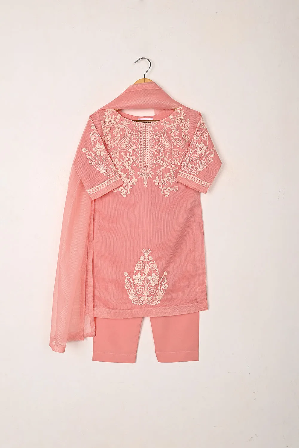 TKF-304-Peach - Kids 3Pc Ready to Wear Javeria Net Embroidered Formal Dress