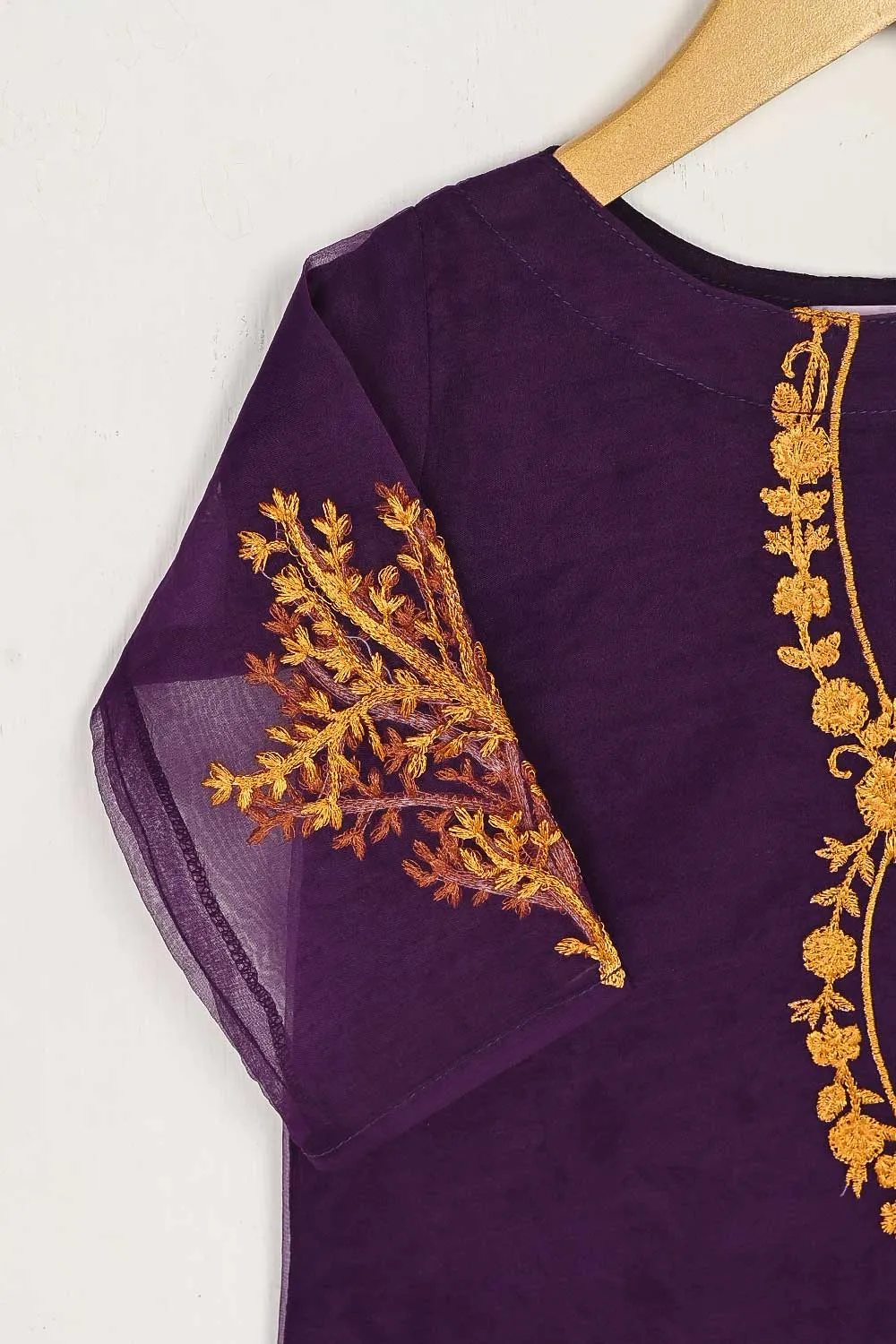 TKF-38-Purple - Kids 3Pc Organza Formal Embroidered Dress With Malai Trouser