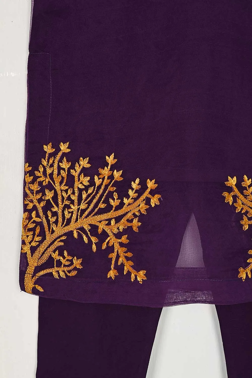 TKF-38-Purple - Kids 3Pc Organza Formal Embroidered Dress With Malai Trouser