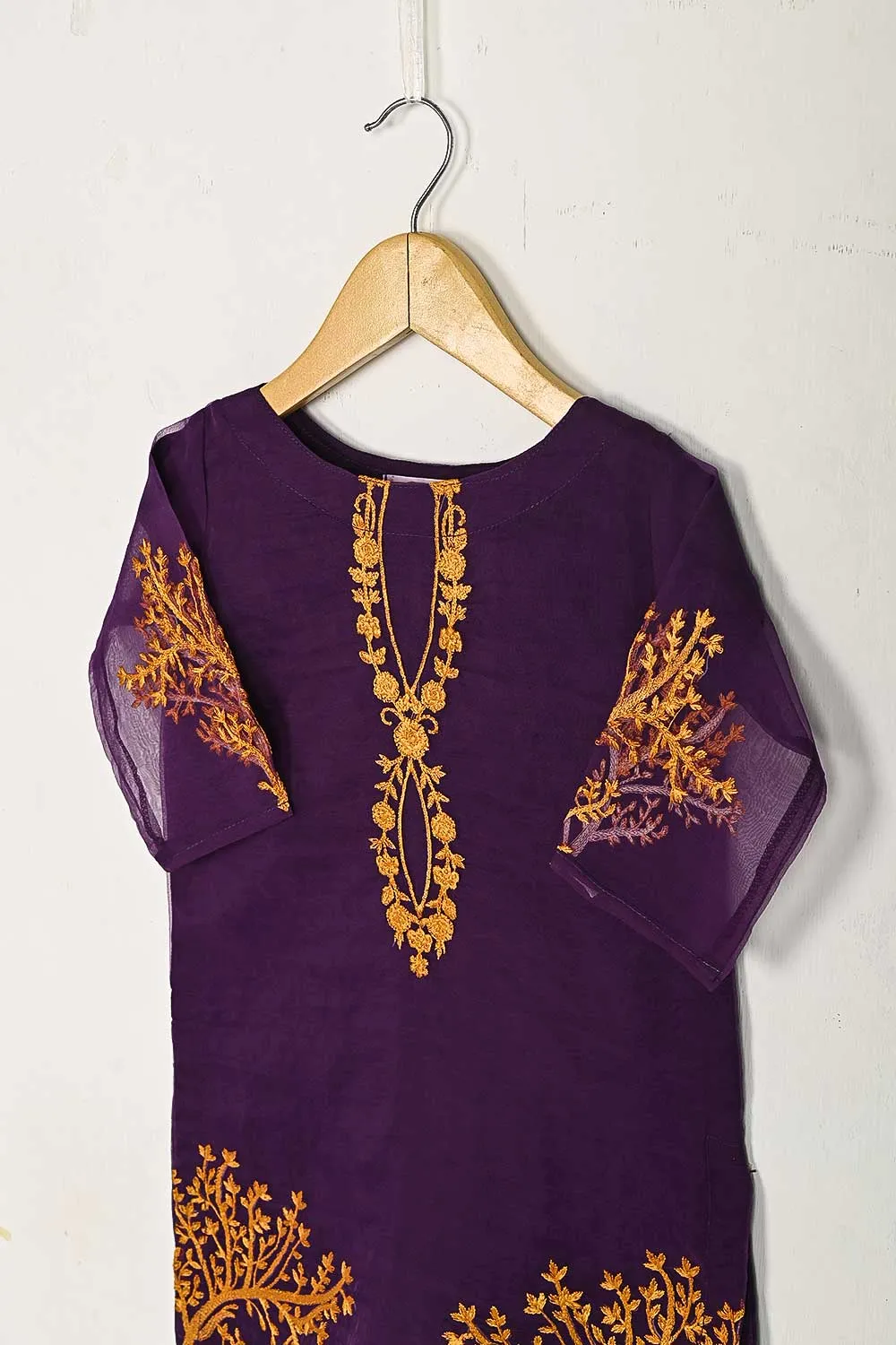 TKF-38-Purple - Kids 3Pc Organza Formal Embroidered Dress With Malai Trouser