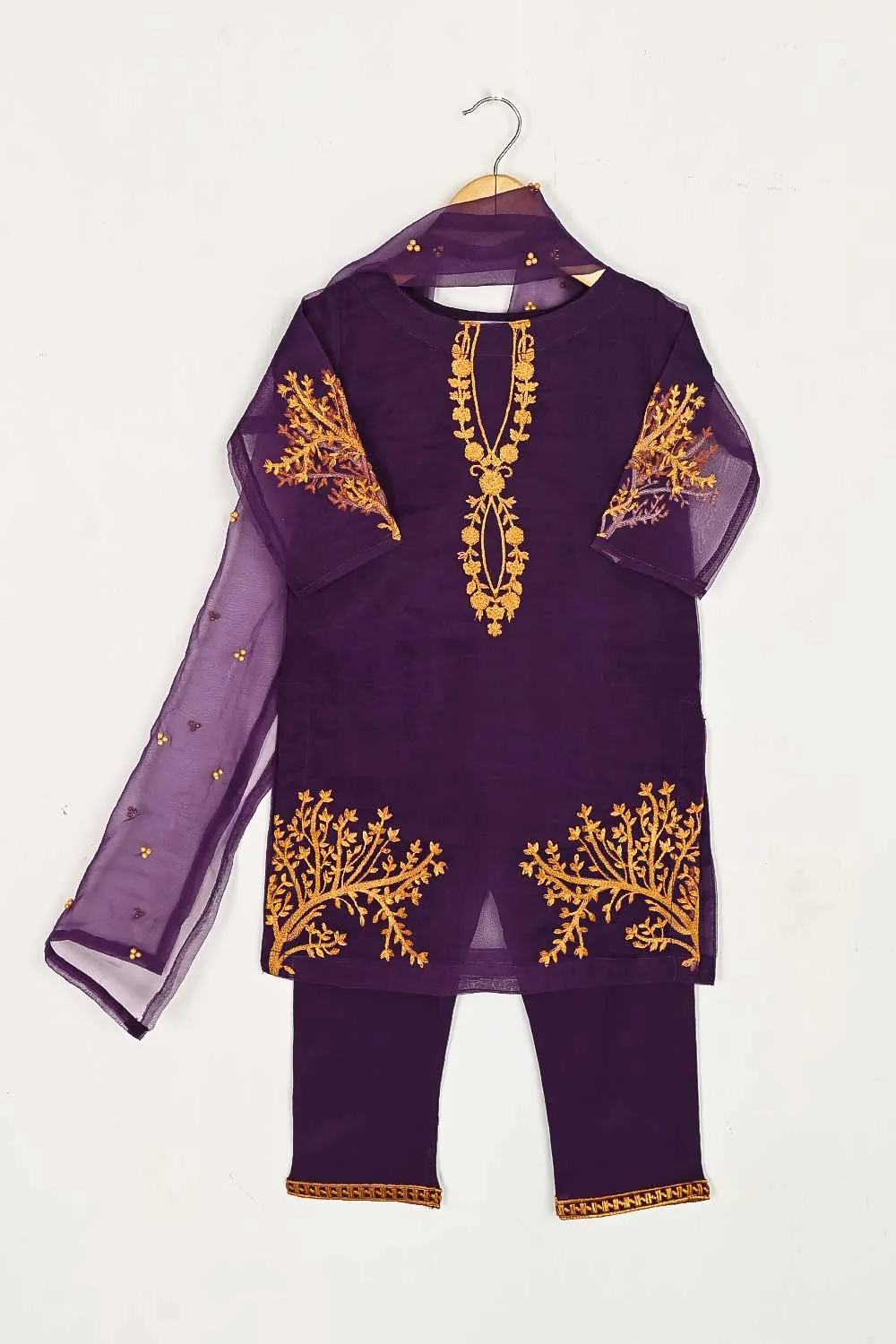 TKF-38-Purple - Kids 3Pc Organza Formal Embroidered Dress With Malai Trouser