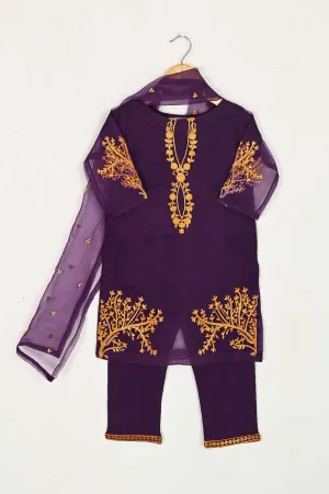TKF-38-Purple - Kids 3Pc Organza Formal Embroidered Dress With Malai Trouser