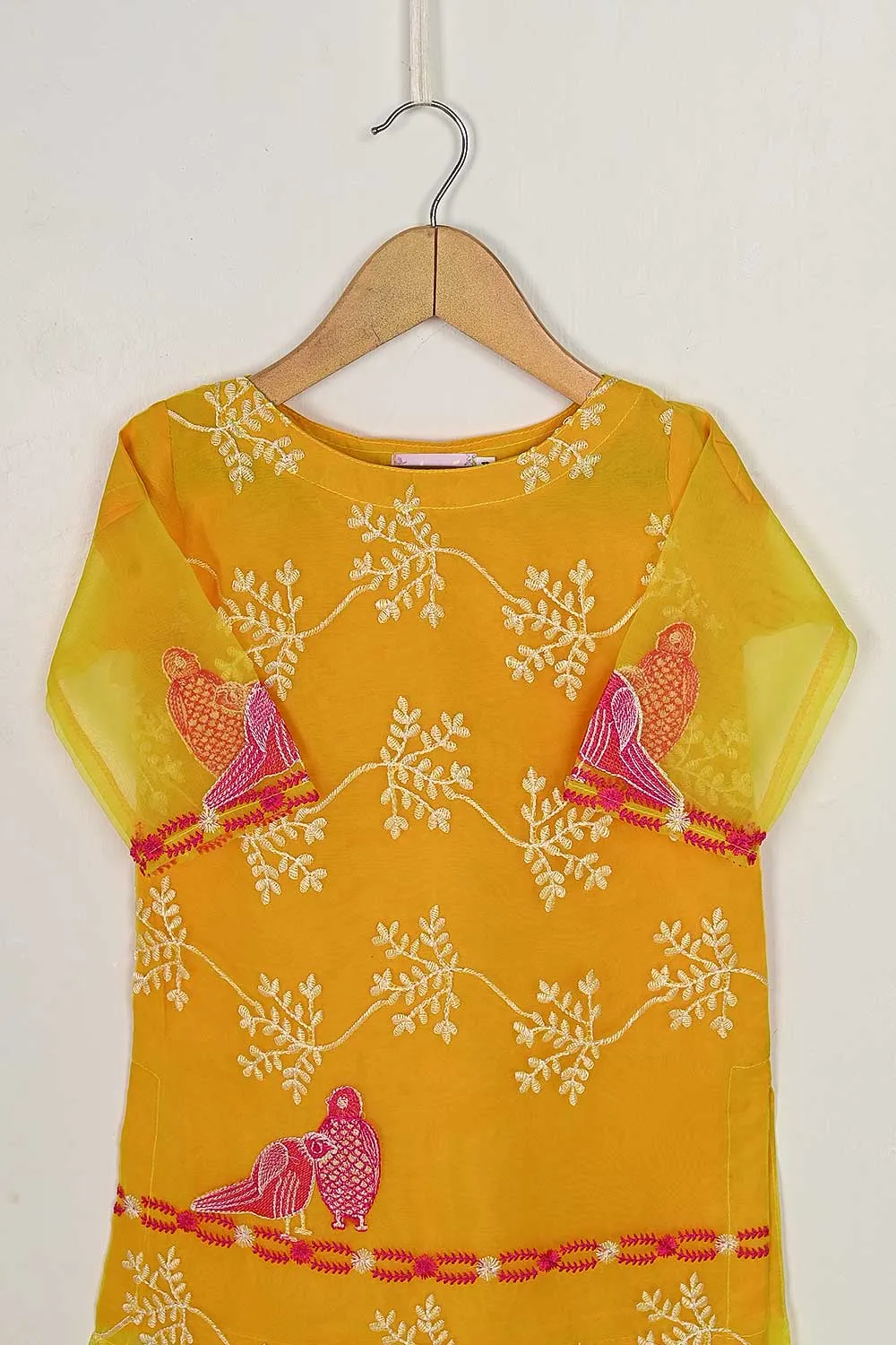 TKF-63-Yellow - Kids 3Pc Organza Formal Embroidered Dress With Malai Trouser