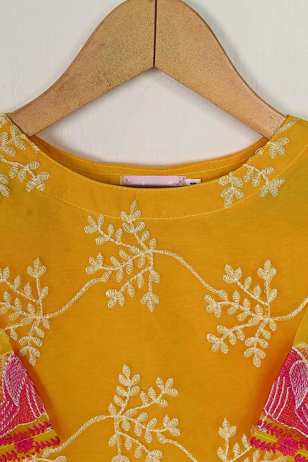 TKF-63-Yellow - Kids 3Pc Organza Formal Embroidered Dress With Malai Trouser