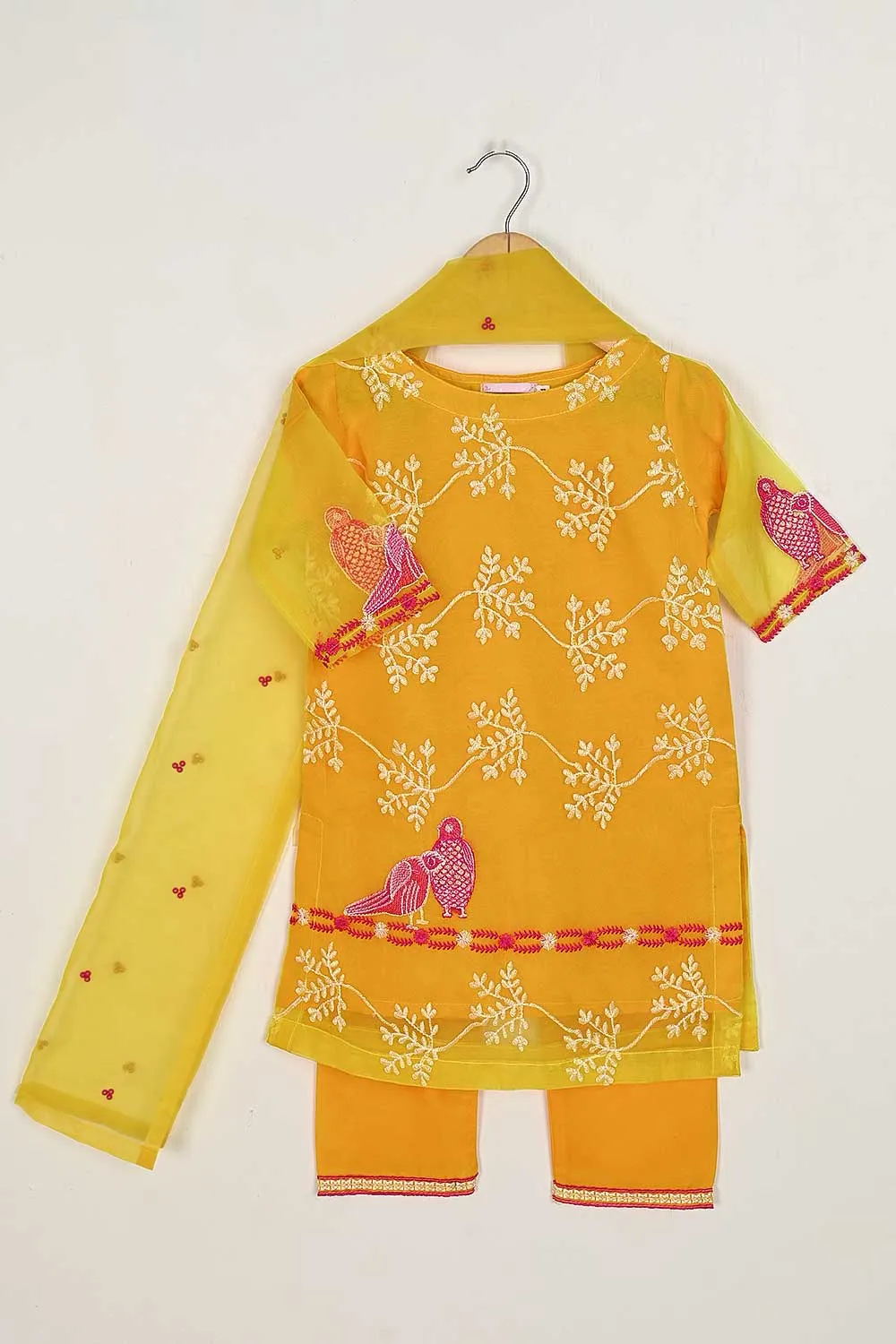 TKF-63-Yellow - Kids 3Pc Organza Formal Embroidered Dress With Malai Trouser