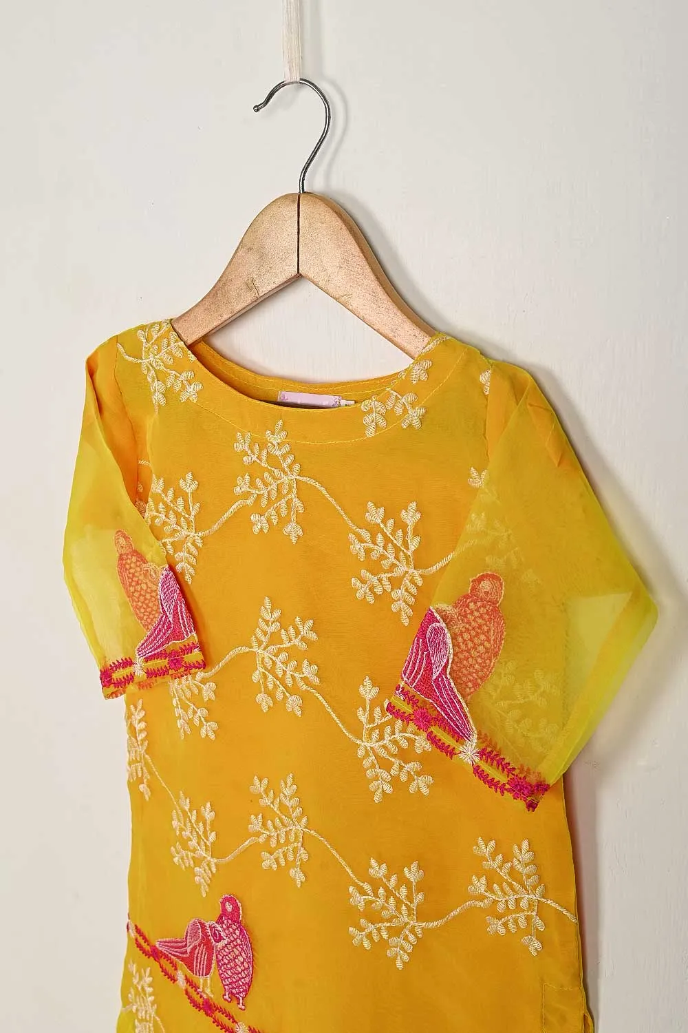 TKF-63-Yellow - Kids 3Pc Organza Formal Embroidered Dress With Malai Trouser