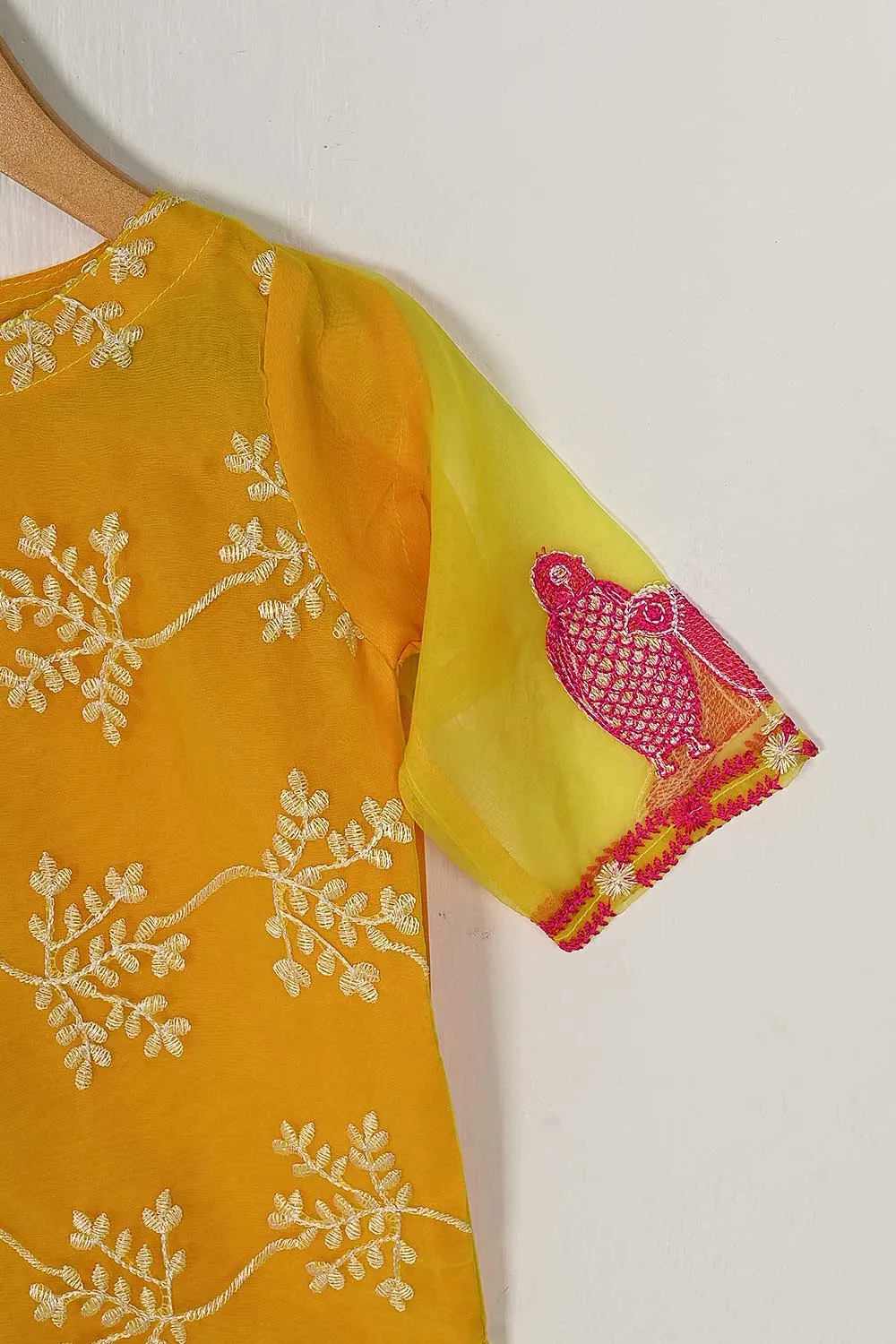 TKF-63-Yellow - Kids 3Pc Organza Formal Embroidered Dress With Malai Trouser